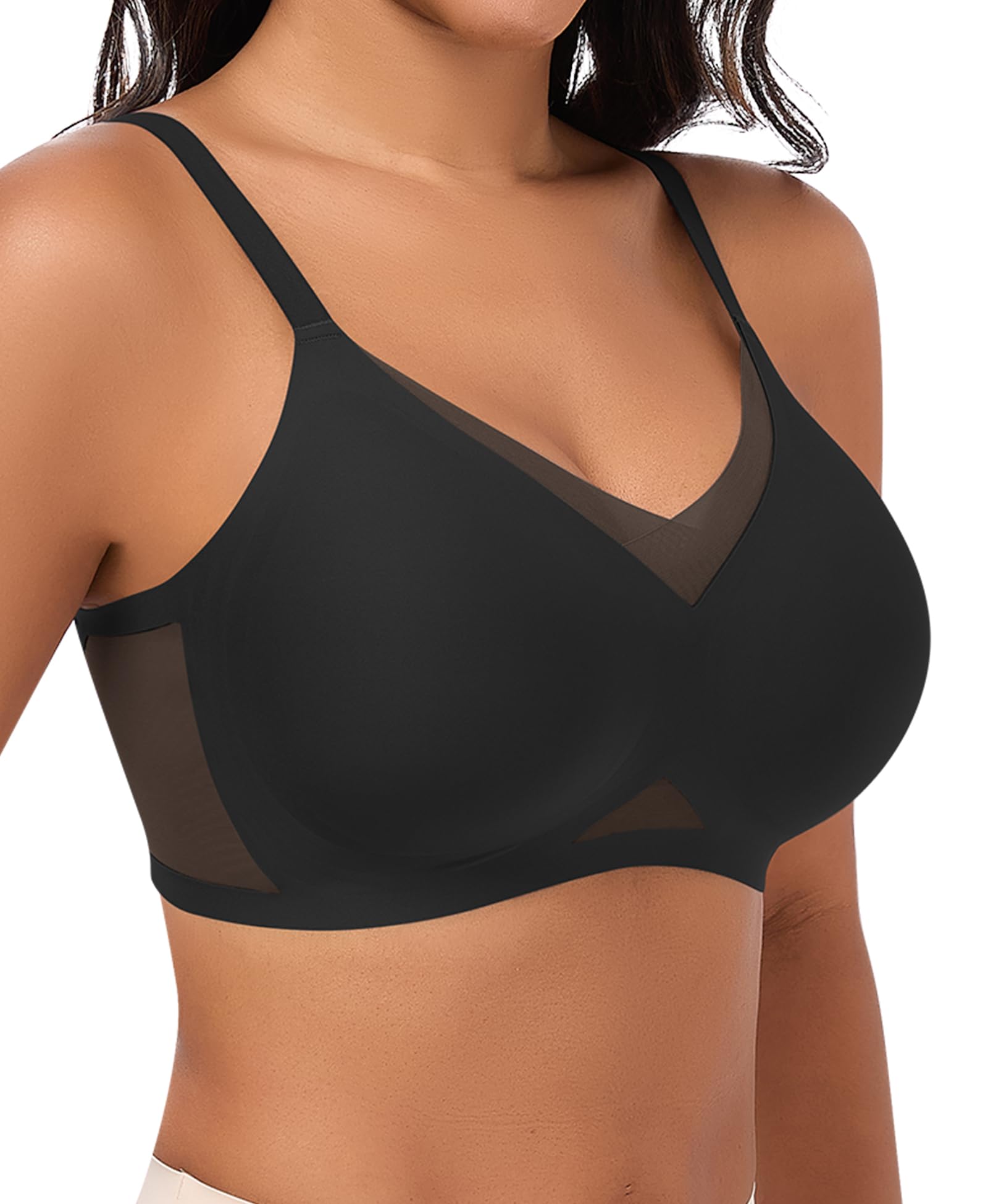 Jiuday Bequem BH ohne Bügel Spitze Mesh Damen BHS Große Brüste Starker Halt Soft Nahtloser Push Up BH ohne Buegel Gepolstert Stütz Bügellos Bralette