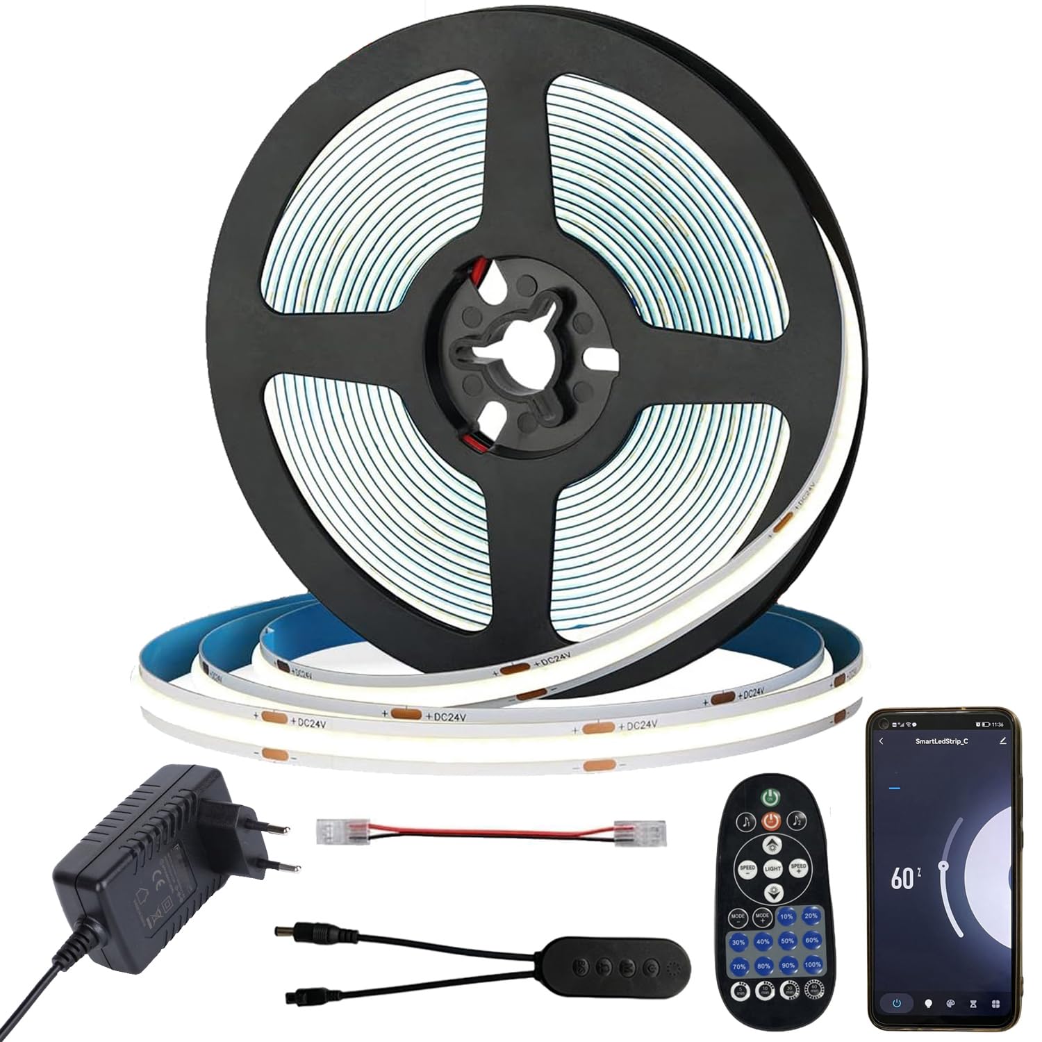 FOLGEMIR COB LED Strip 5m Cool White 6000K, WIFI Control Strip, Dimmable LED Strip with 12V Power Supply & IR Remote Control, Self-Adhesive, Compatible with Tuya APP