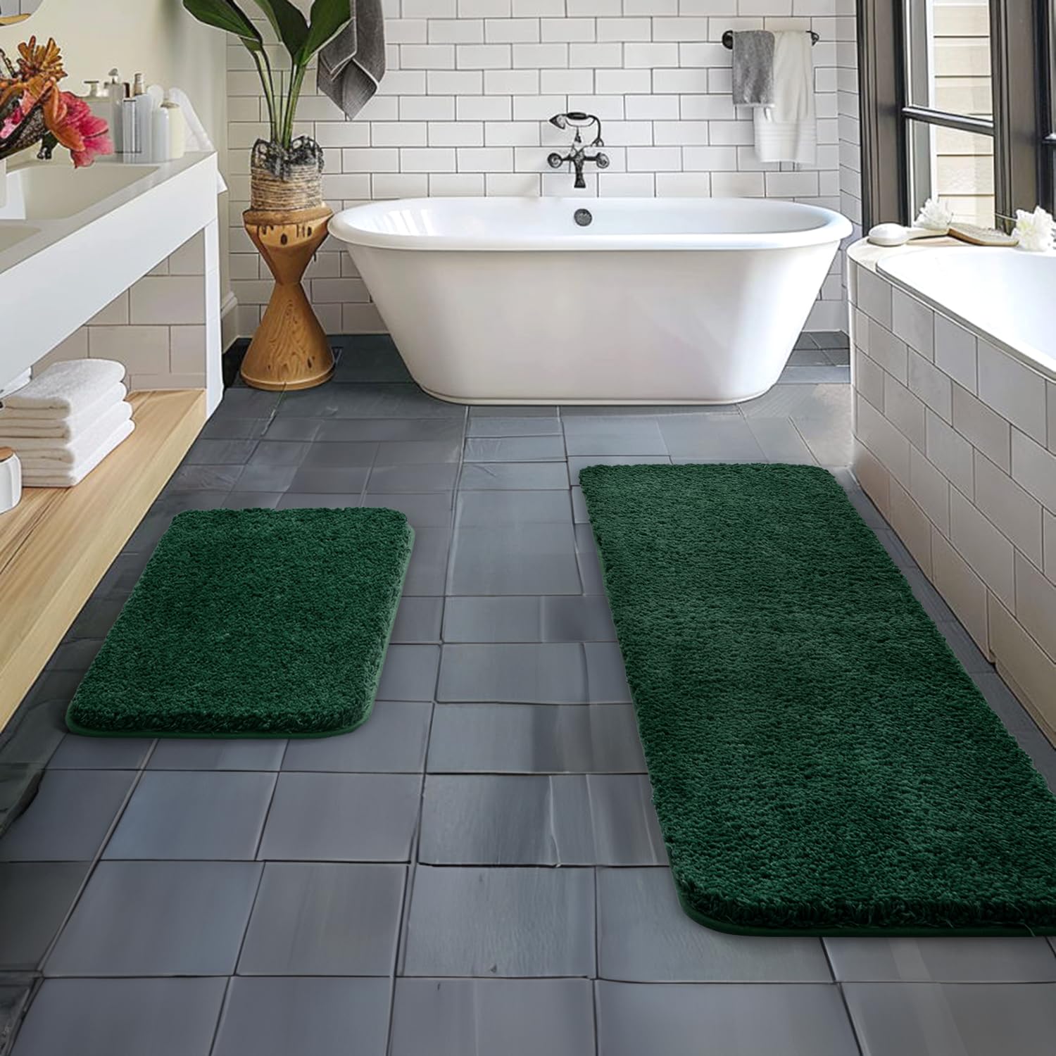 MIULEE Dark Green Bathroom Rugs Set 2 Piece, Soft Absorbent Microfiber Bath Mat Set, Non Slip Quick Dry Machine Washable Plush Shaggy Bath Rugs for