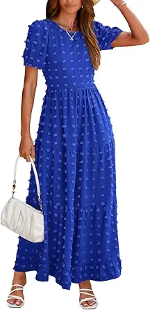 BTFBM Women Summer Boho Maxi Dress Casual Short Sleeve Swiss Dot A Line Ruffle Tiered Flowy Long Dresses with Pocket