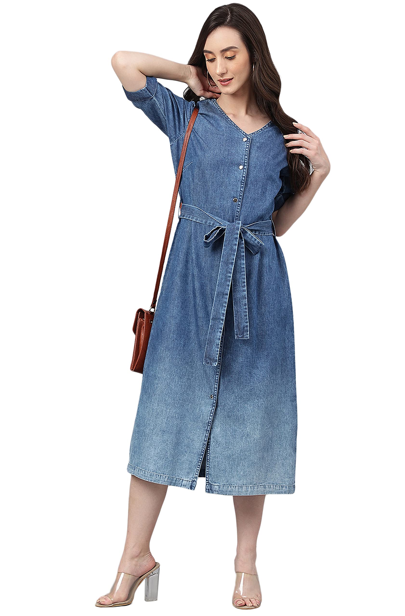 JanasyaWomen's Fit and Flare Midi Denim Tie-Up Dress