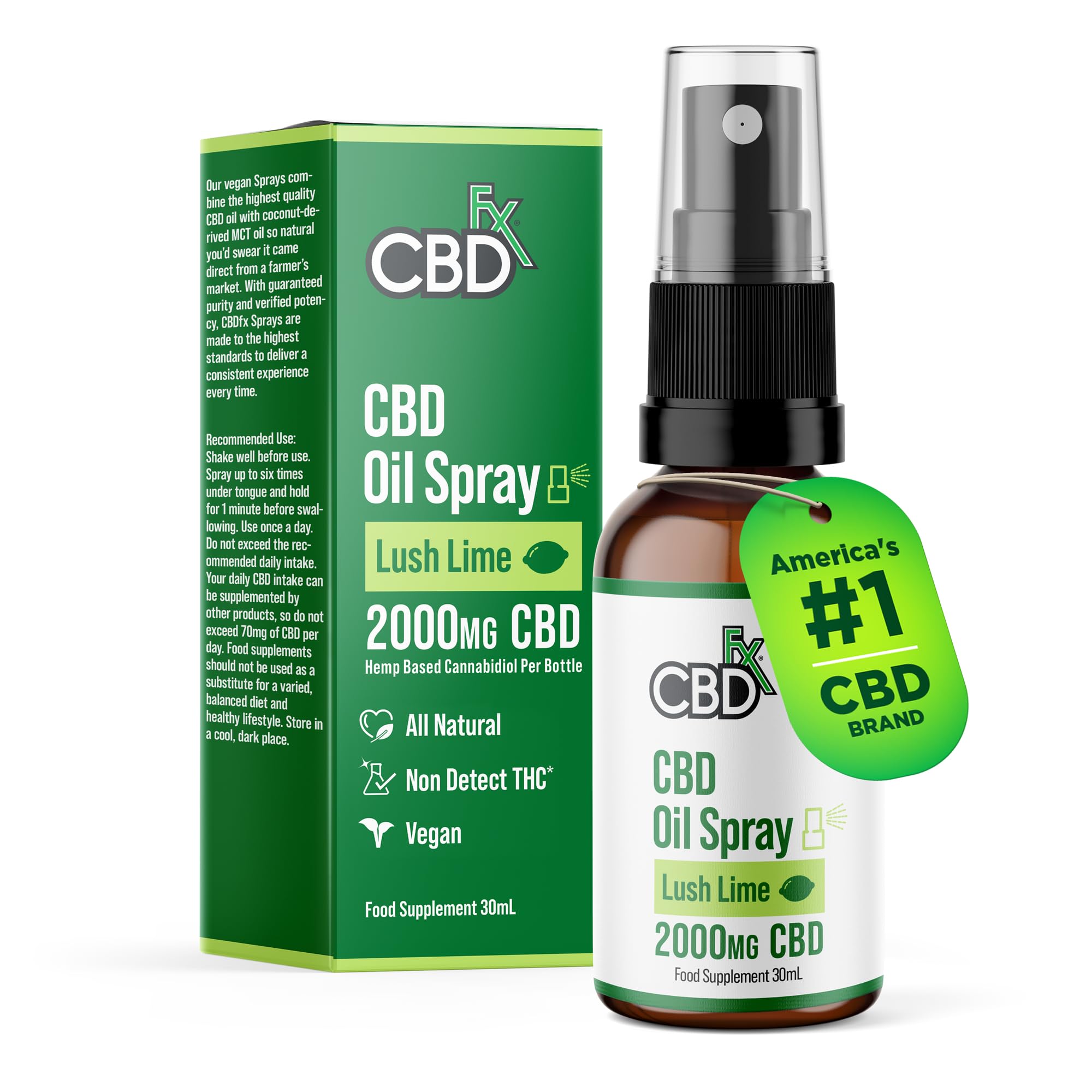 CBDFX 2000mg CBD Spray High Strength Flavoured CBD Oil Lush Lime Vegan Non-GMO Blended with MCT Oil Improved Purity No THC 30 ml (40 Days)
