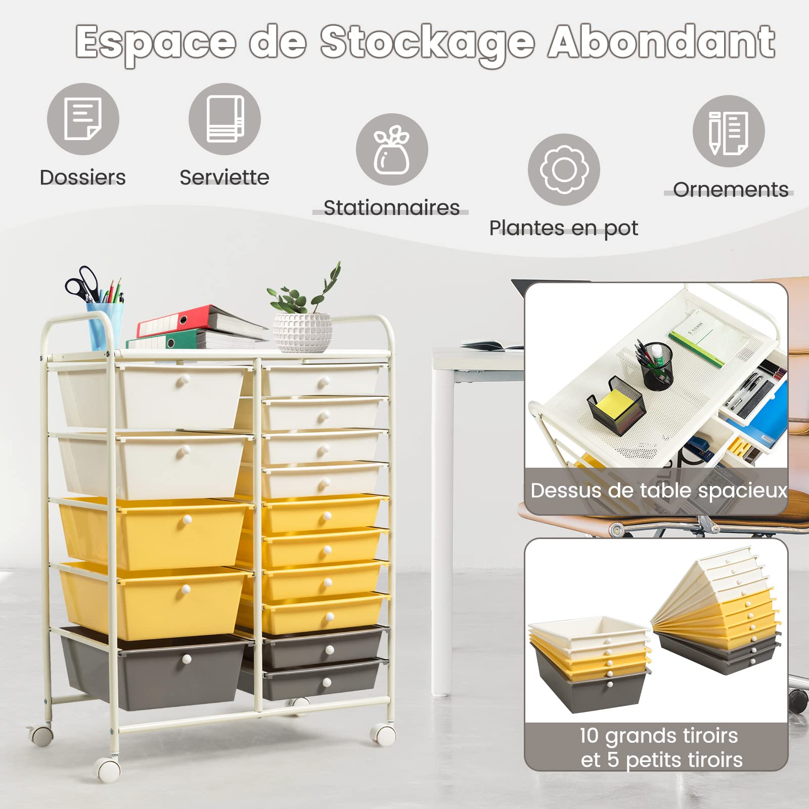 GOPLUS Chariot de Rangement 15 Tiroirs, Tiroir Détachable, Tour de Rangement à 4 Roulettes, 2 avec Frein, pour Chambre, Bureau, 63 x 37 x 87 CM, Jaune