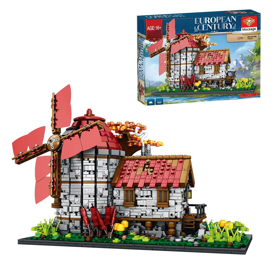 Windmühlen Klemmbausteine Set, Modular Mittelalterliche Landschaften Niederländische Windmühle MOC Architektur Bausteine, Geschenke Erwachsene und Jugendliche (2296 Teile)