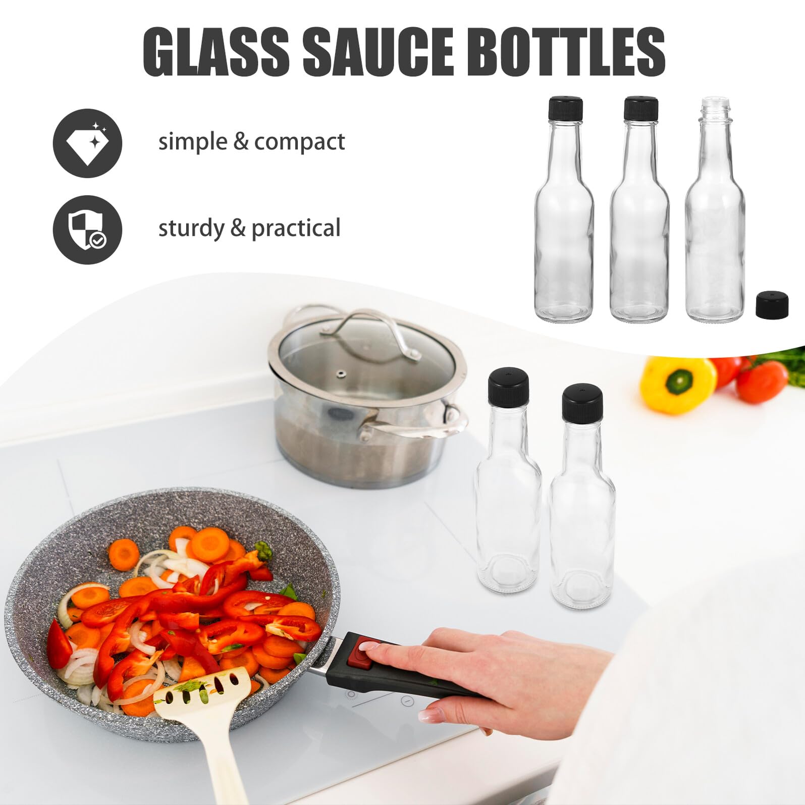 Sewroro Botellas de Salsa de Vidrio 150 Ml Tapa Redonda, Dispensador para Ketchup y Aderezos, Juego de 6 Piezas, Recipientes para Condimentos, Uso en Cocina y Picnic