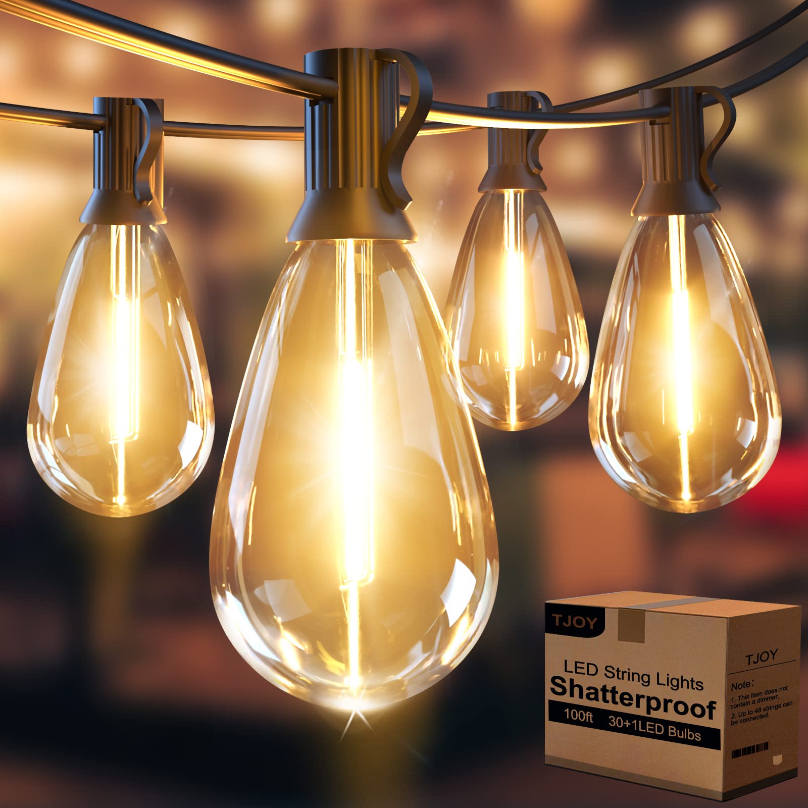 TJOY 100FT LED Outdoor String Lights, Patio Lights with 30 Shatterproof Vintage Edison Bulbs, S14 E12 Sockets and Weatherproof Strand, Connectable Hanging Lights for Backyard,Garden,Cafe (Warm White)