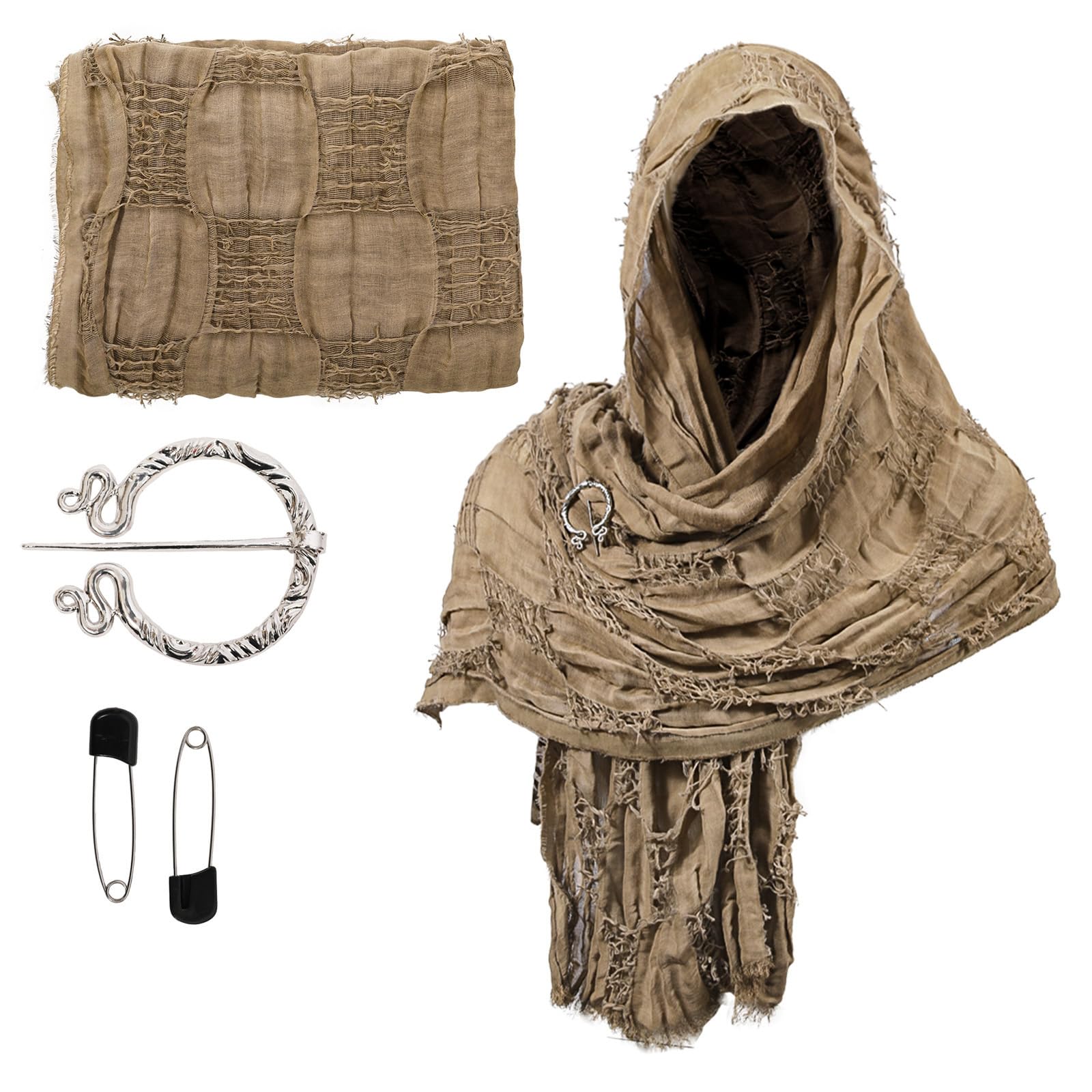 Tsophreniq Medieval Roleplay Shawl Distressed Scarf Witch Costume Accessory with Brooch Renaissant Fair Halloween Cosplay Headpiece Historical Clothing Accessory