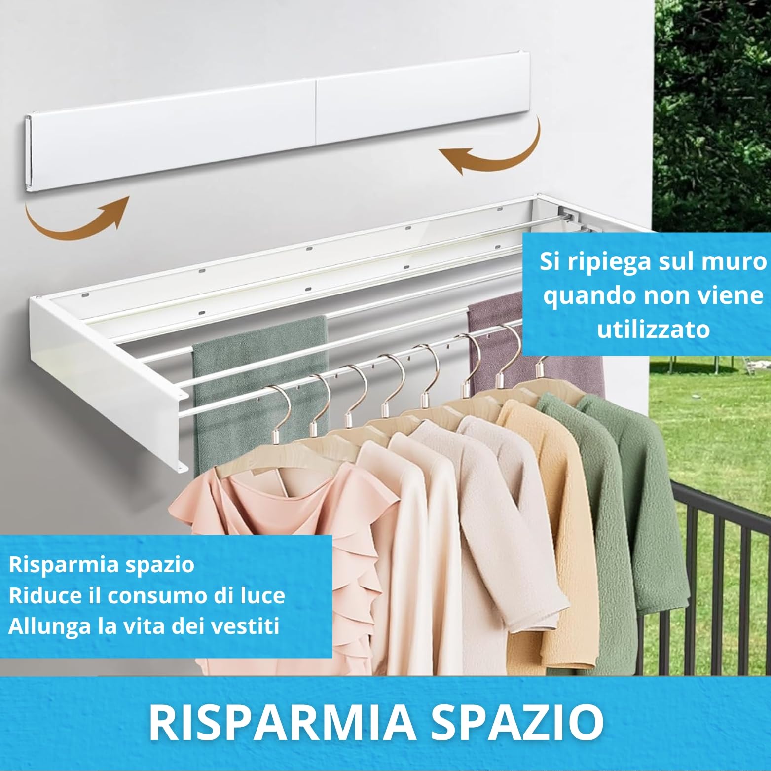 Stendino da Parete Pieghevole Estensibile Retrattile 80 cm con 24 Pinze Stendibiancheria da Muro Richiudibile Antiruggine Interno Esterno Salvaspazio