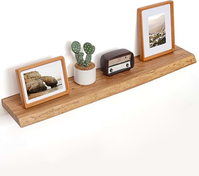 Floating Shelves for Wall Decor, Rustic Solid Elm Wood Live Edge Floatin...