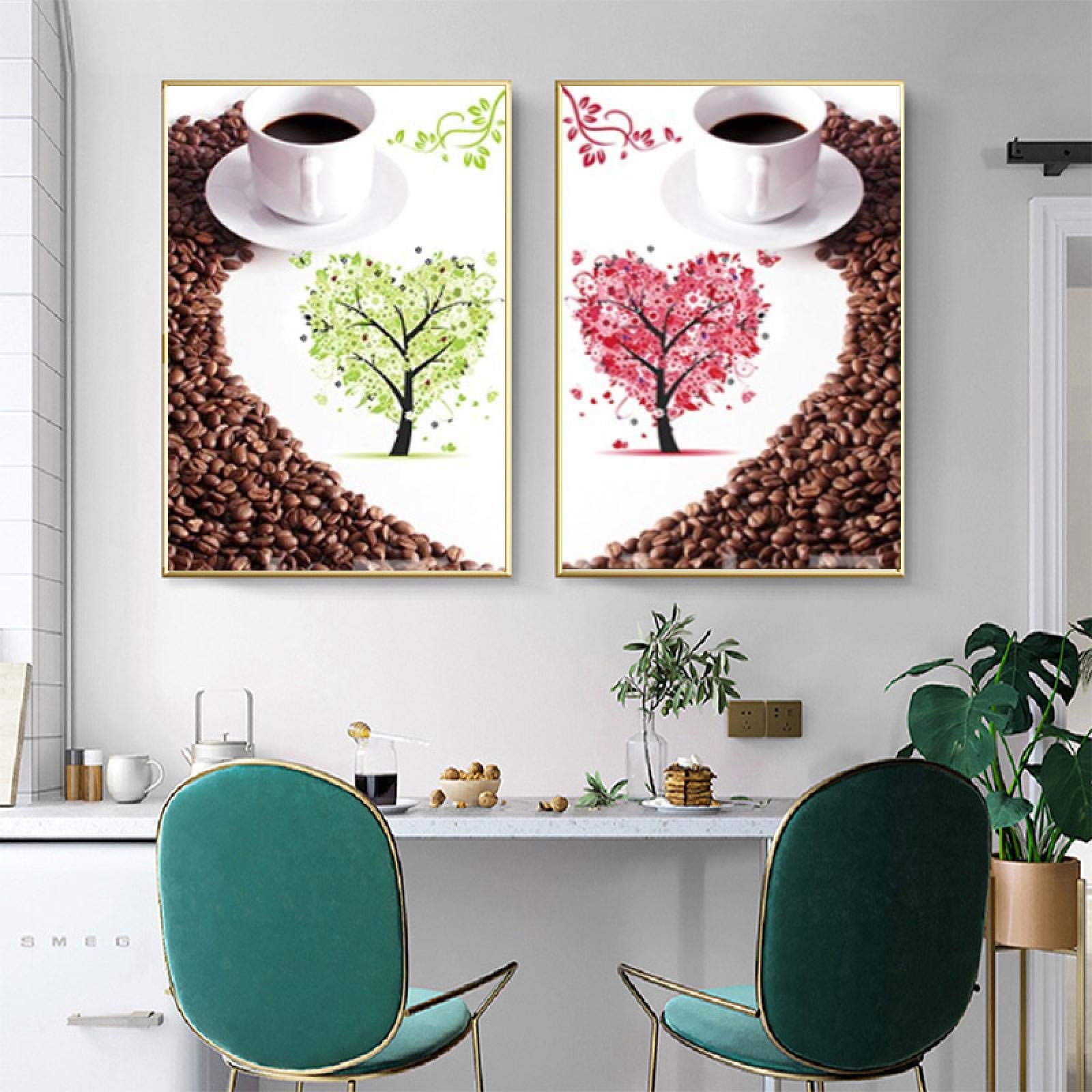 Yooyu Carteles e impresiones modernos Arte de la pared Pintura en lienzo Grano de café Corazón Cartel para la decoración del restaurante Decoración del café 60x80cm (24x32in) x2 con marco