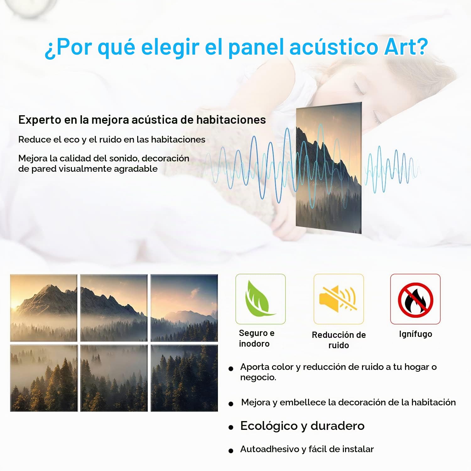 Paneles acústicos Art, paquete 6 pinturas arte pared grandes autoadhesivas para decoración paredes, paneles absorbentes sonido para estudio grabación, sala estar, 183 x 122 cm (Misty Forest)