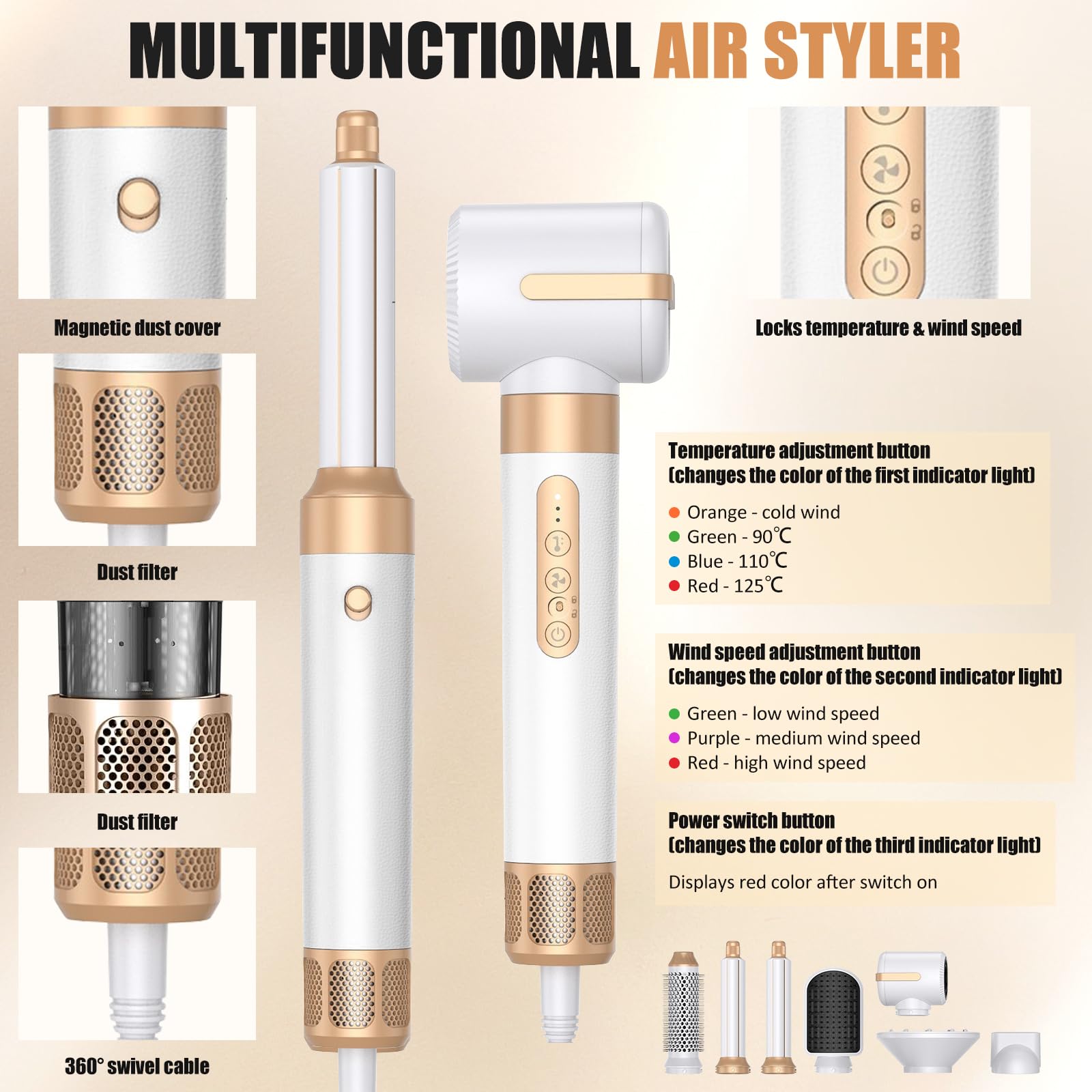 Brosse Soufflante 7 en 1, Air Styler avec Soufflantes, Diffuseur, Buse de Coiffage, Sèche-Cheveux à Ions Négatifs Haute Vitesse, Boucleur a Air, Hair Styler Set pour Sécher Boucler Lisser
