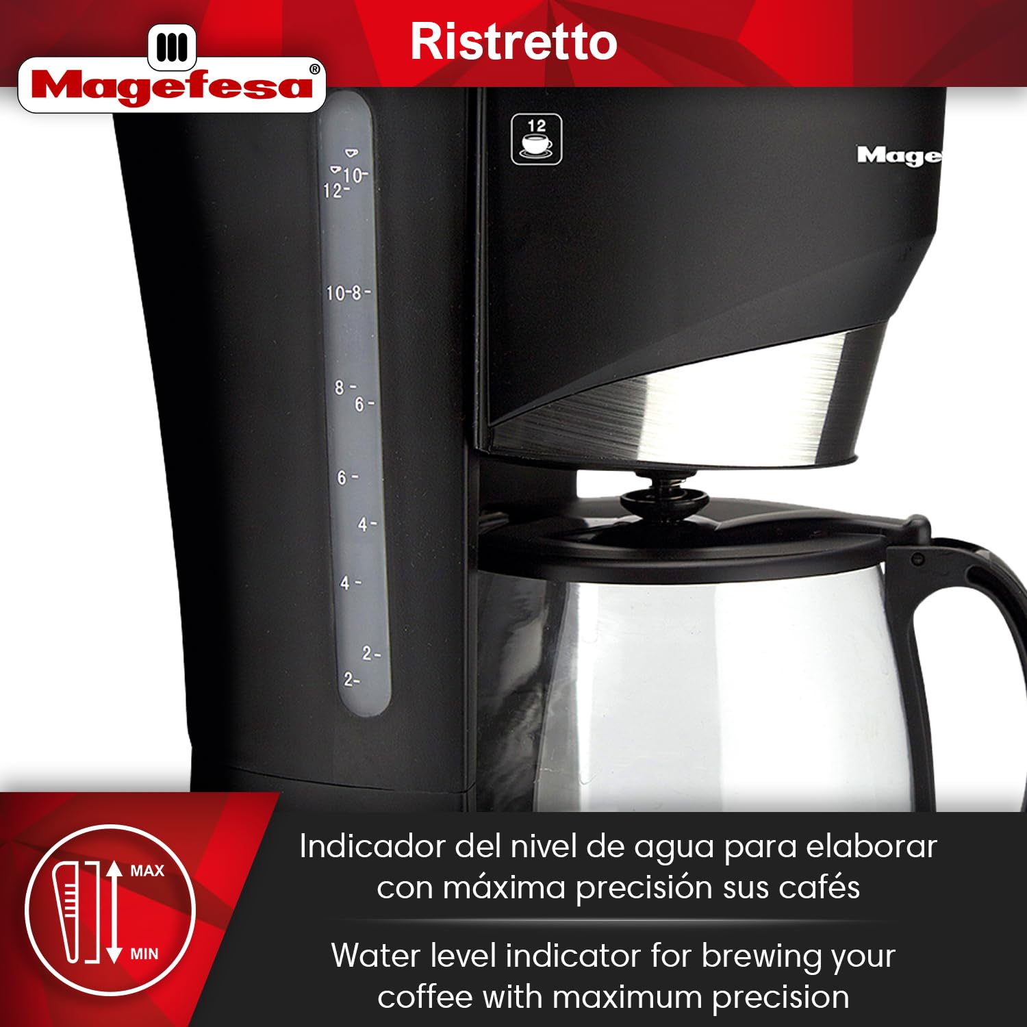 Magefesa Ristretto 1200 - Macchina da Caffè Elettrica 12 Tazze, 800W, Sistema Anti-goccia, Filtro Rimovibile, Indicatore Livello Acqua, Caffè, Bevanda Calda