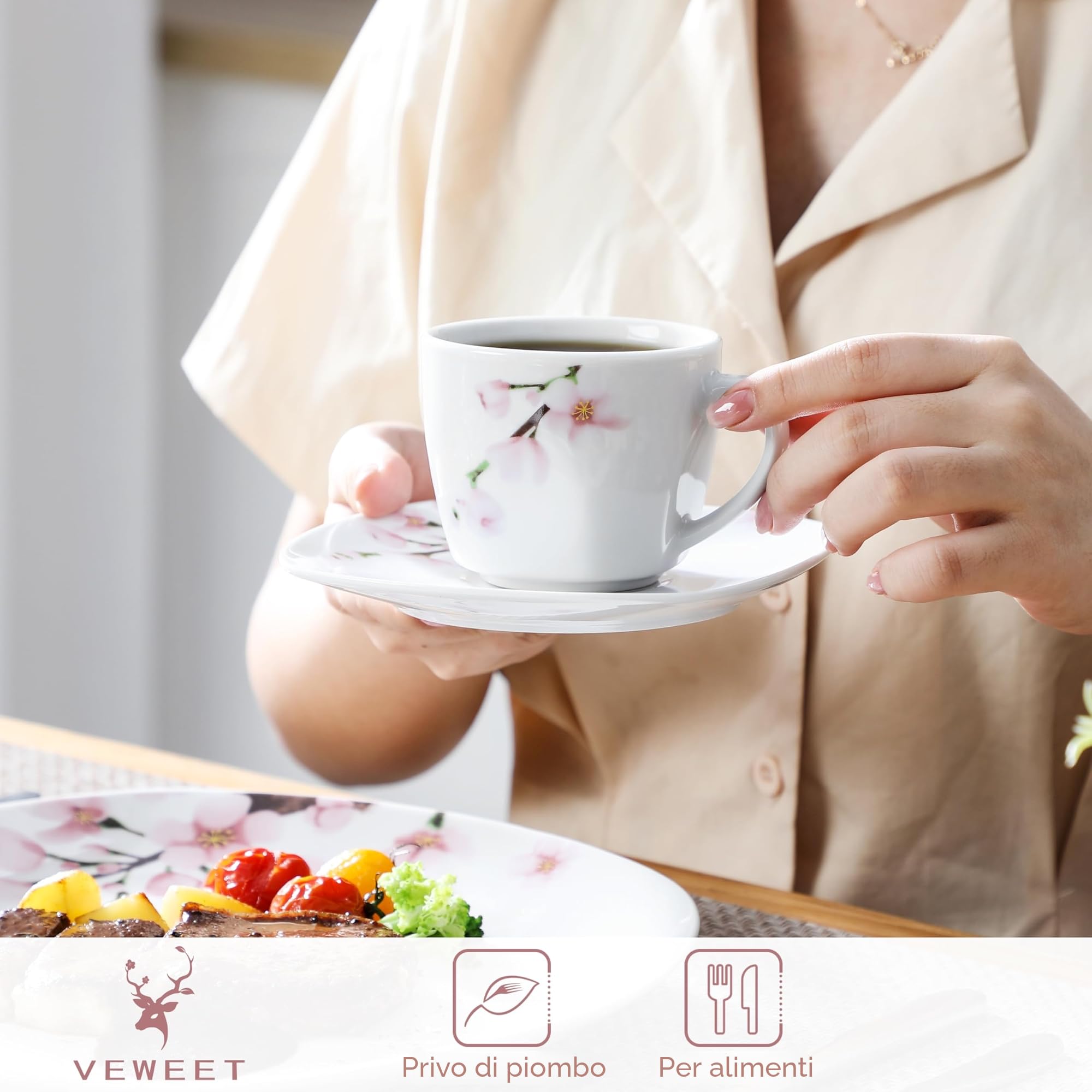 VEWEET Servizio da 30 pezzi in porcellana con tazzine da caffè 175 ml, piattino, piatto da dessert, piatto piano e piatto fondo, servizio completo per 6 persone