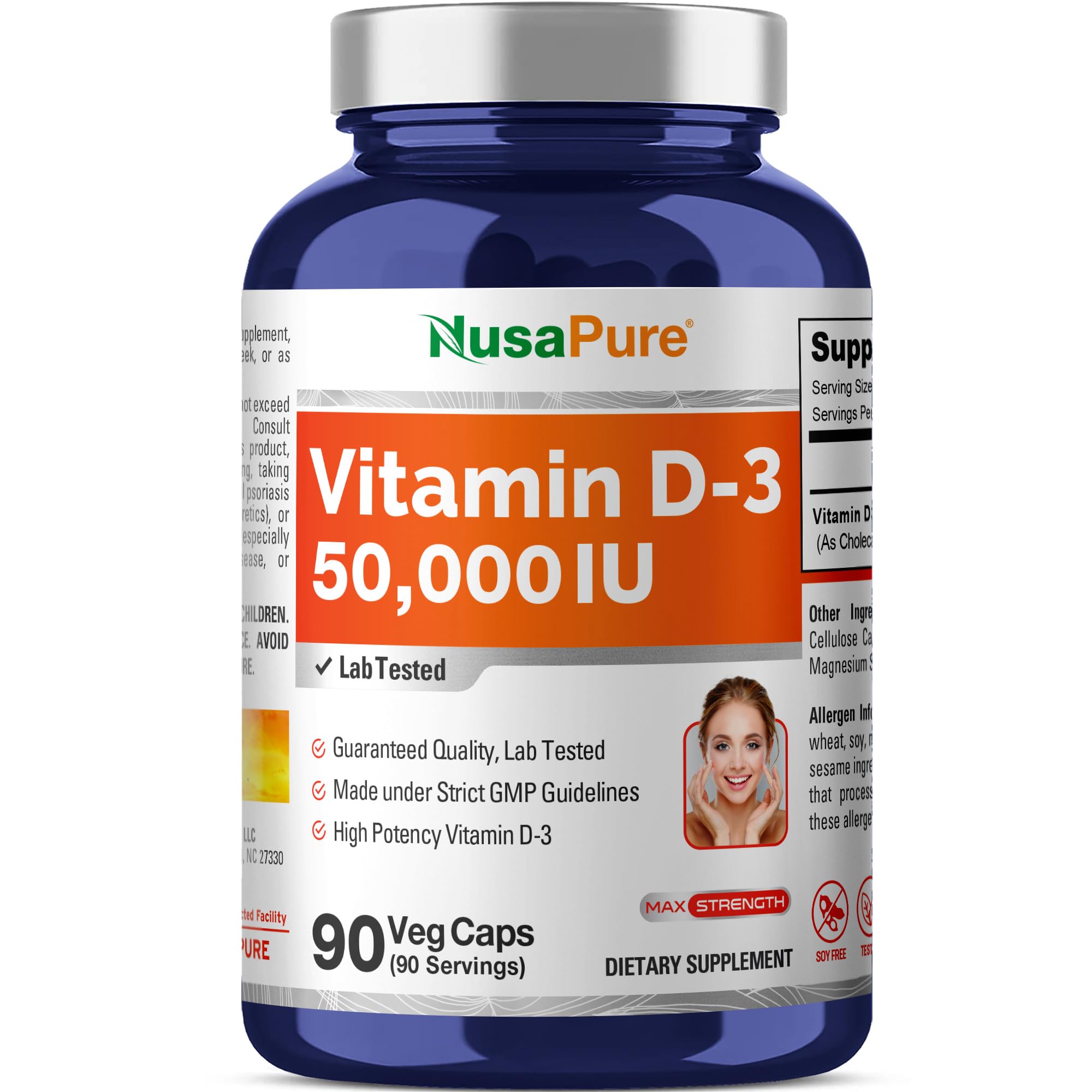 Vitamin D3, High Potency, Non-GMO, 50,000 IU, 90 Veggie Caps - 90 Servings 90 Count (Pack of 1)