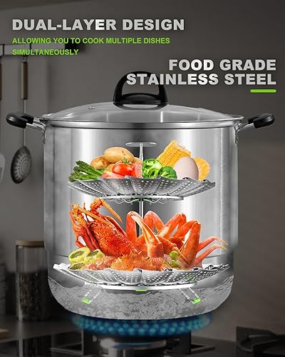Miniatura 3 de Cesta de vapor de doble capa para cocinar, vaporizadores de verduras de acero inoxidable 2 en 1 de gran capacidad, expandible de 5.4 a 11 pulgadas,