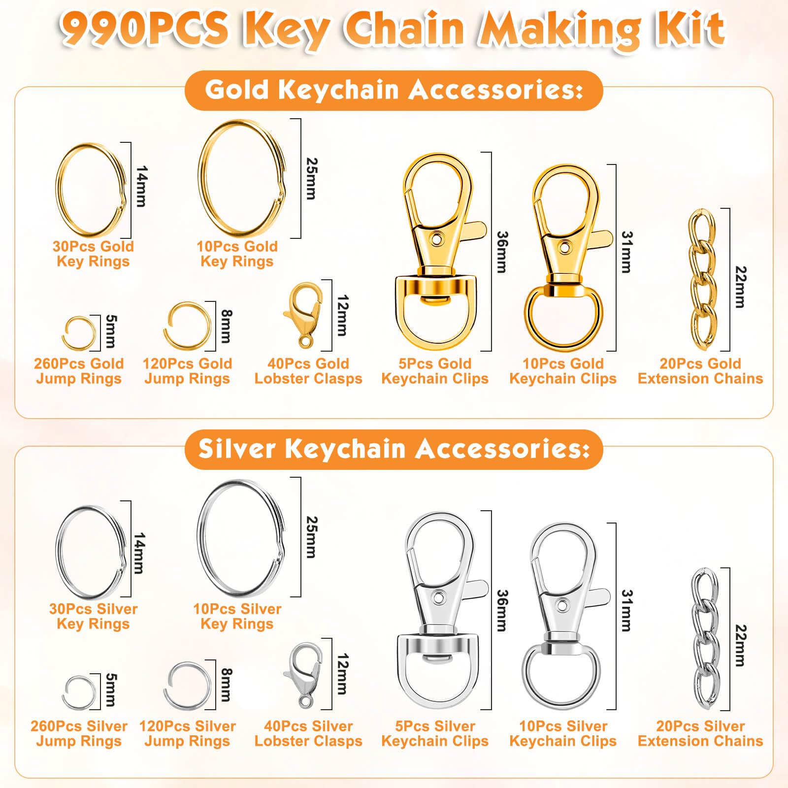 PAXCOO 990PCS Keychain Making Kit, Keychain Craft Supplies Including Key Chain Hooks, Lobster Clasps, Key Rings and Jump Rings for Key Chain Making and Jewelry Making