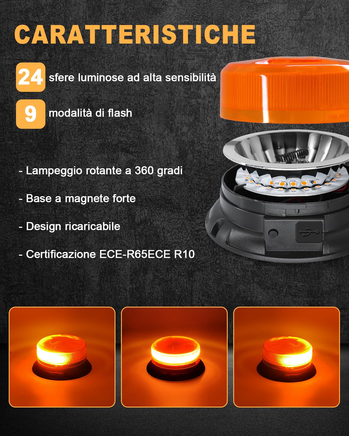 Dinfu 2 x lampeggiante arancione a batteria lampeggiante led senza fili | 12V-24V Faro rotante a LED batteria con magnetico, Cavo USB e accendisigari e 9 modalità per auto trattore UTV SUV J-eep