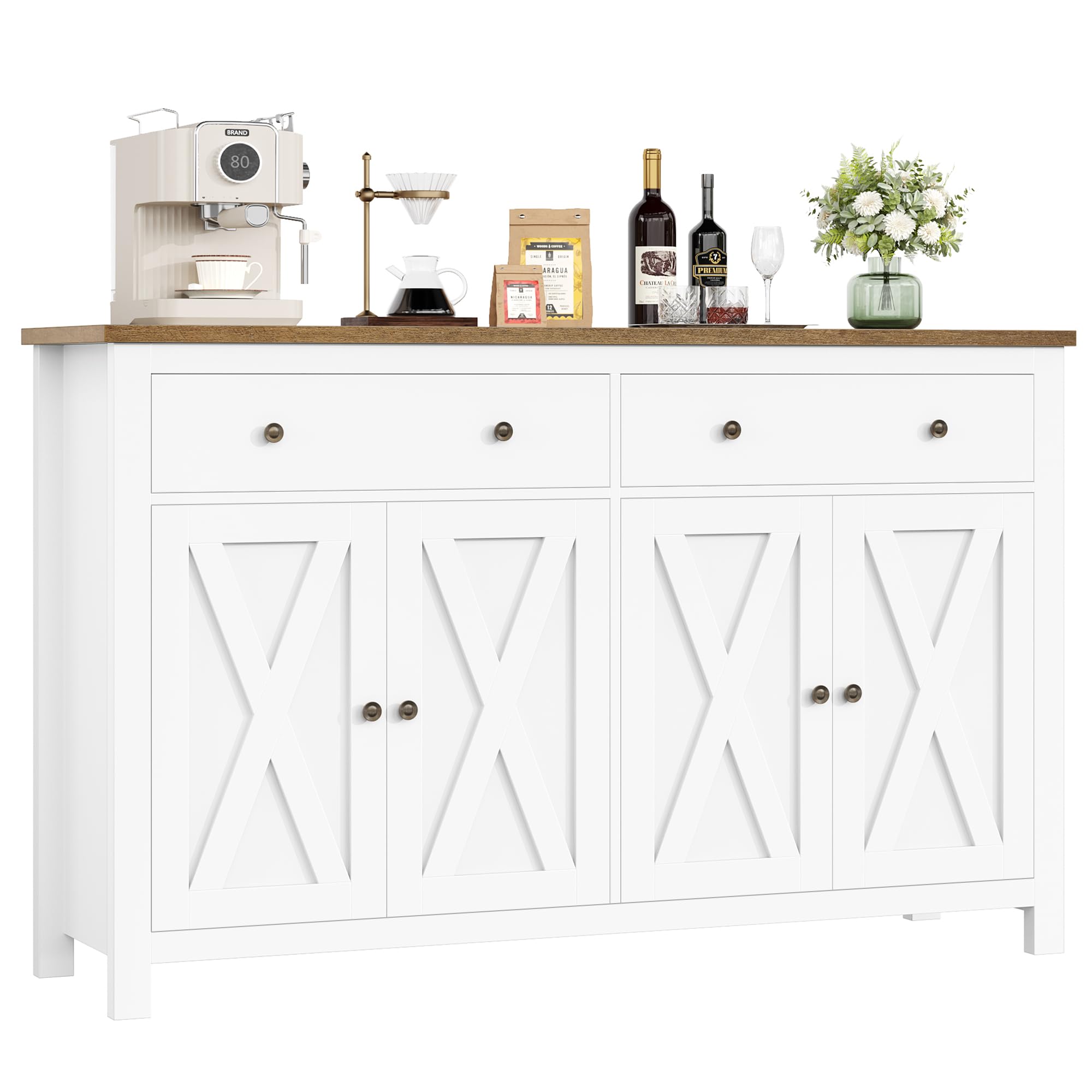 FirFurd Larga 140cm Mobile Cucina, Credenza Cucina con 2 Cassetti e 4 Ante, Moderno Buffet Mobile con Ripiani Regolabili e Rimovibile, Per Cucina, Sala da Pranzo, Soggiorno, 140x40x89cm, Bianco