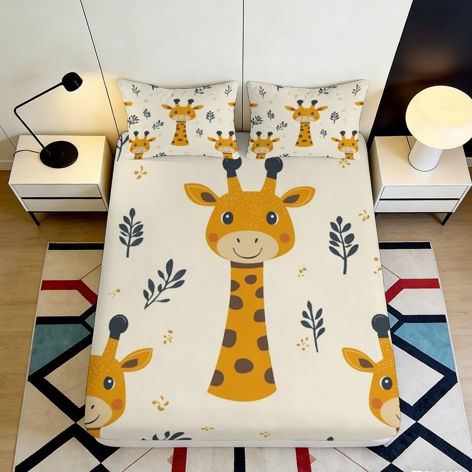 Jqzkxnhpbr Style-3 3D Printed Cartoon Giraffe Fitted Sheet Microfiber Soft Yellow Animal Leaf Mattress Cover For Bedroom Youth Decor 90X200x25cm