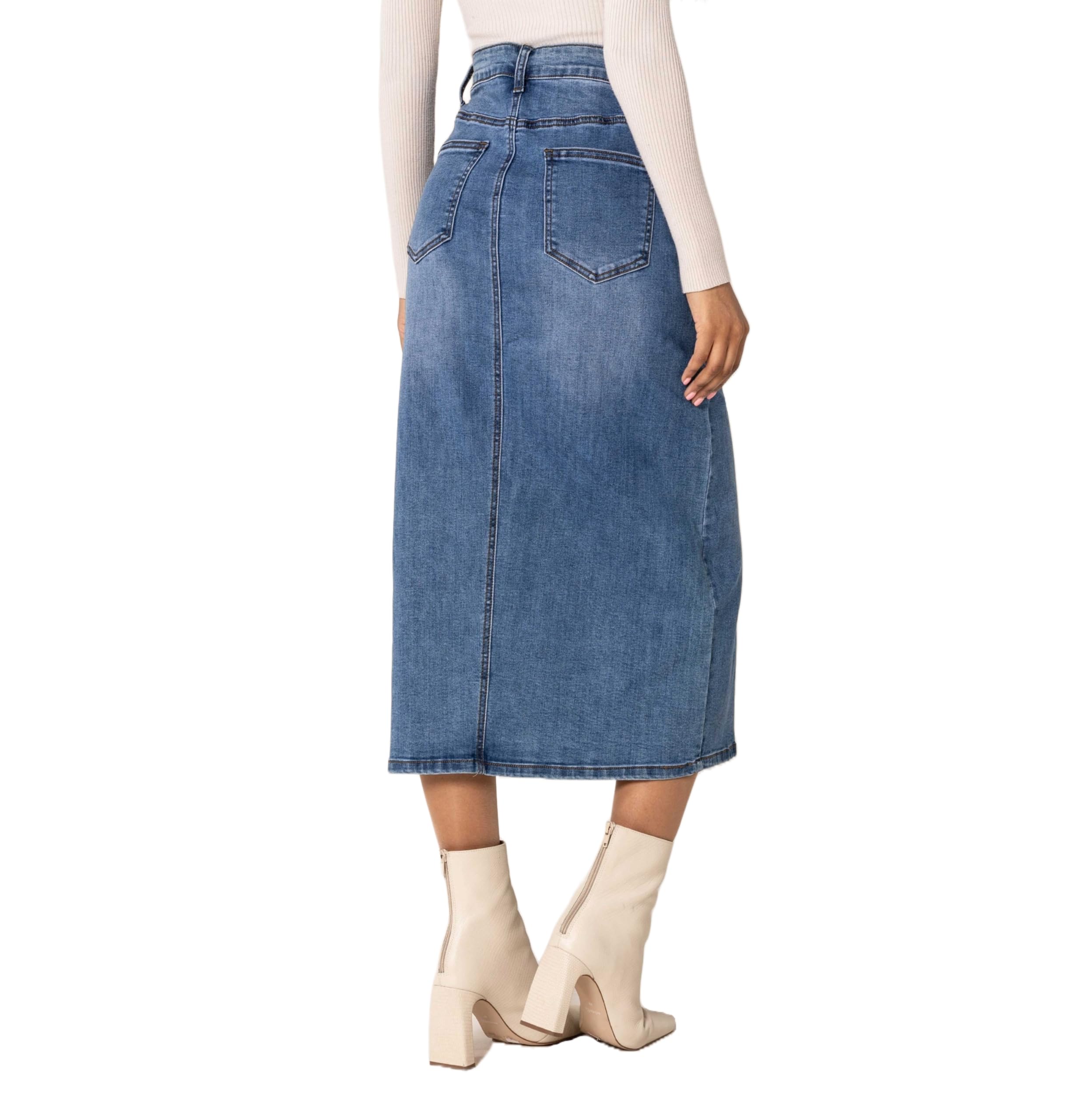 Nina Carter P215 Damen Jeansrock High Waist – Langer Stretch-Rock mit Schlitz vorne, Used Look, Wadenlang mit Reißverschluss