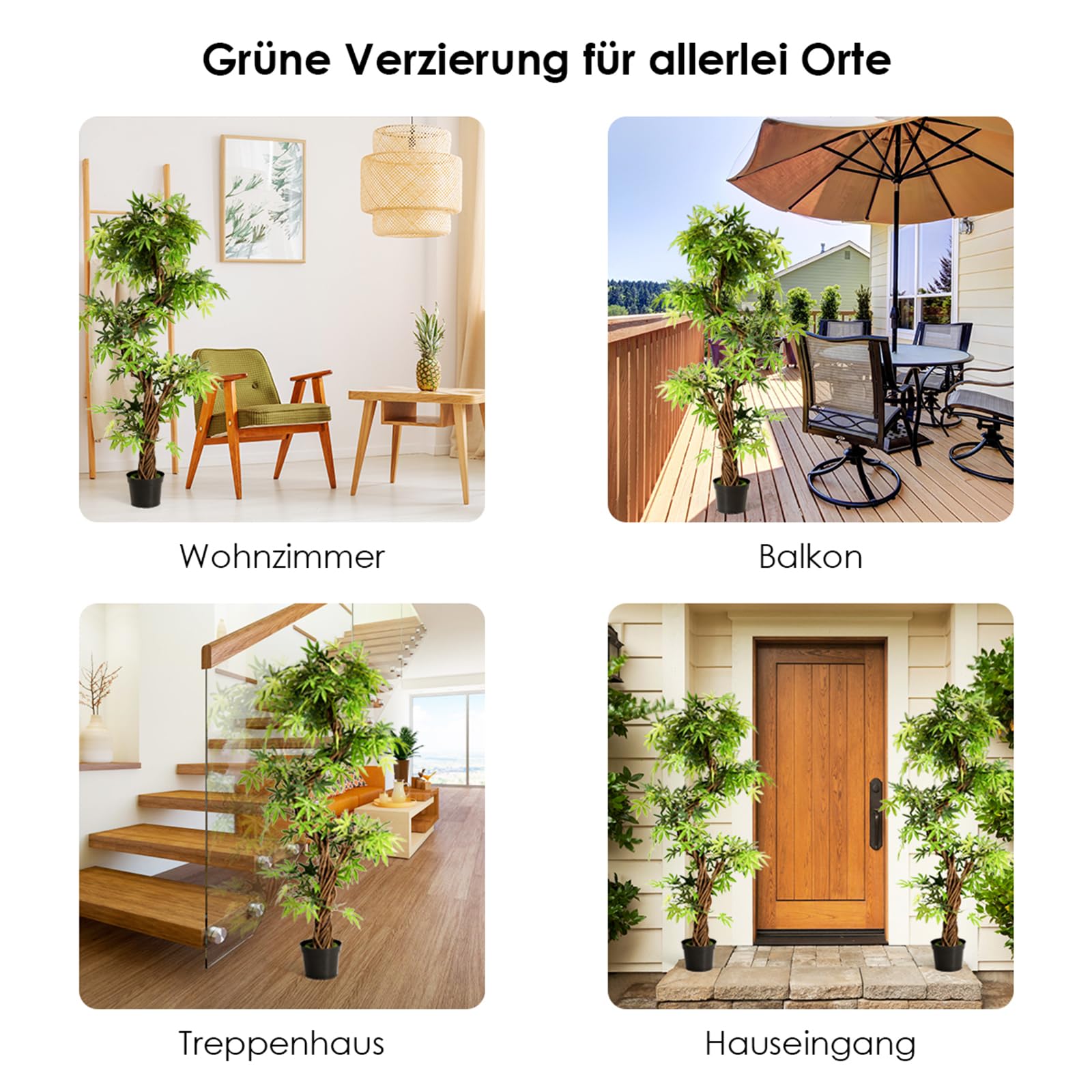 COSTWAY 2er Set Künstliche Pflanzen Groß 160 cm, Kunstpflanze im Topf, Kunstbaum wie echt, Zimmerpflanze mit Naturholzstamm, für Zuhause, Büro, Grün