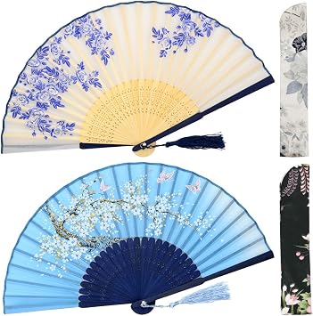 OMyTea Folding Hand Fans for Women - Chinese Japanese Vintage Bamboo Silk Fans - for Hot Flash, EDM, Music Festival, Party, Dance, Performance, Decoration, Gift Blue Sakura & White Rose