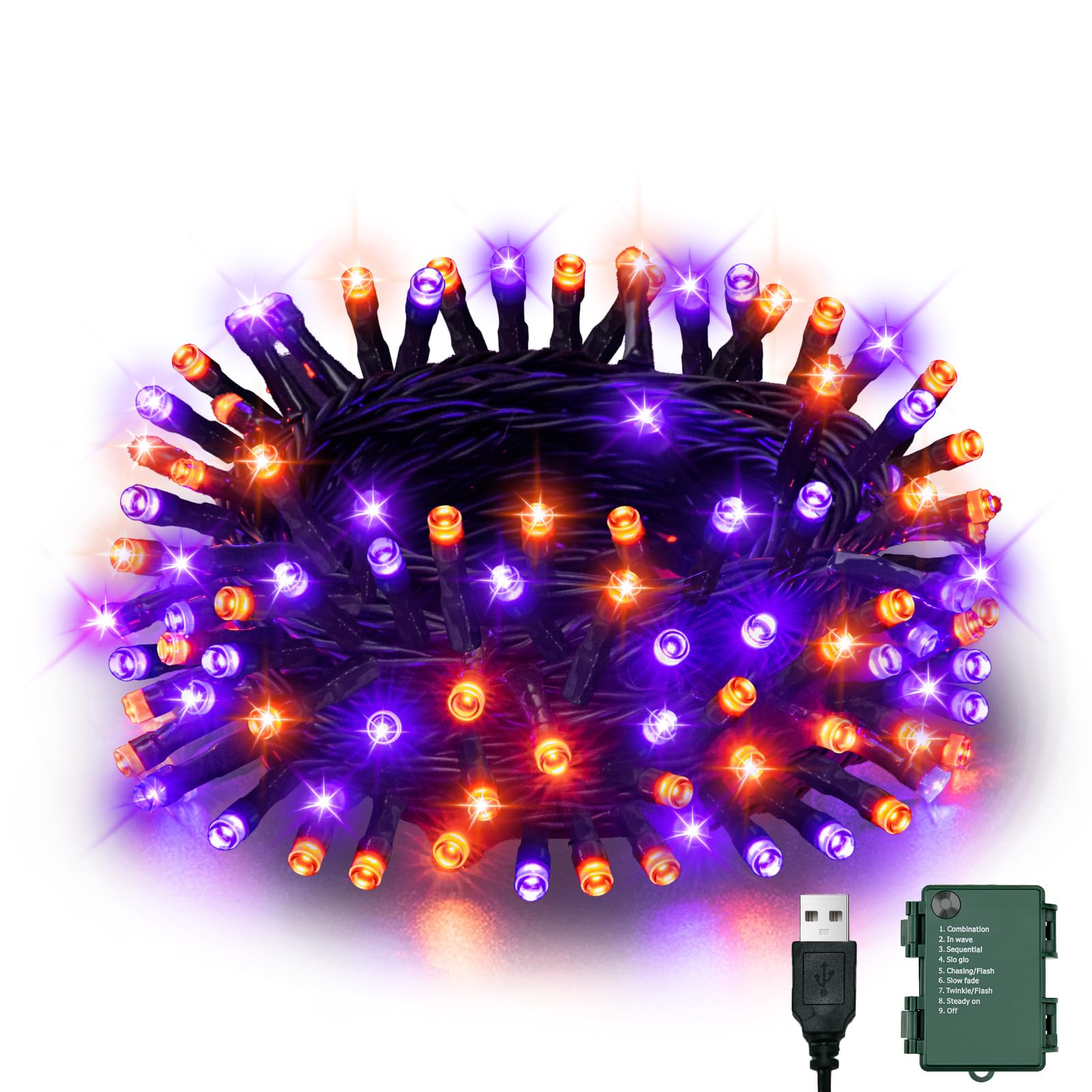 Etopgo Halloween Fairy Lights,5M 50 LED Orange Purple USB or Battery String Lights with Timer - 8 Mode Indoor Outdoor String Lights for Halloween Decoration