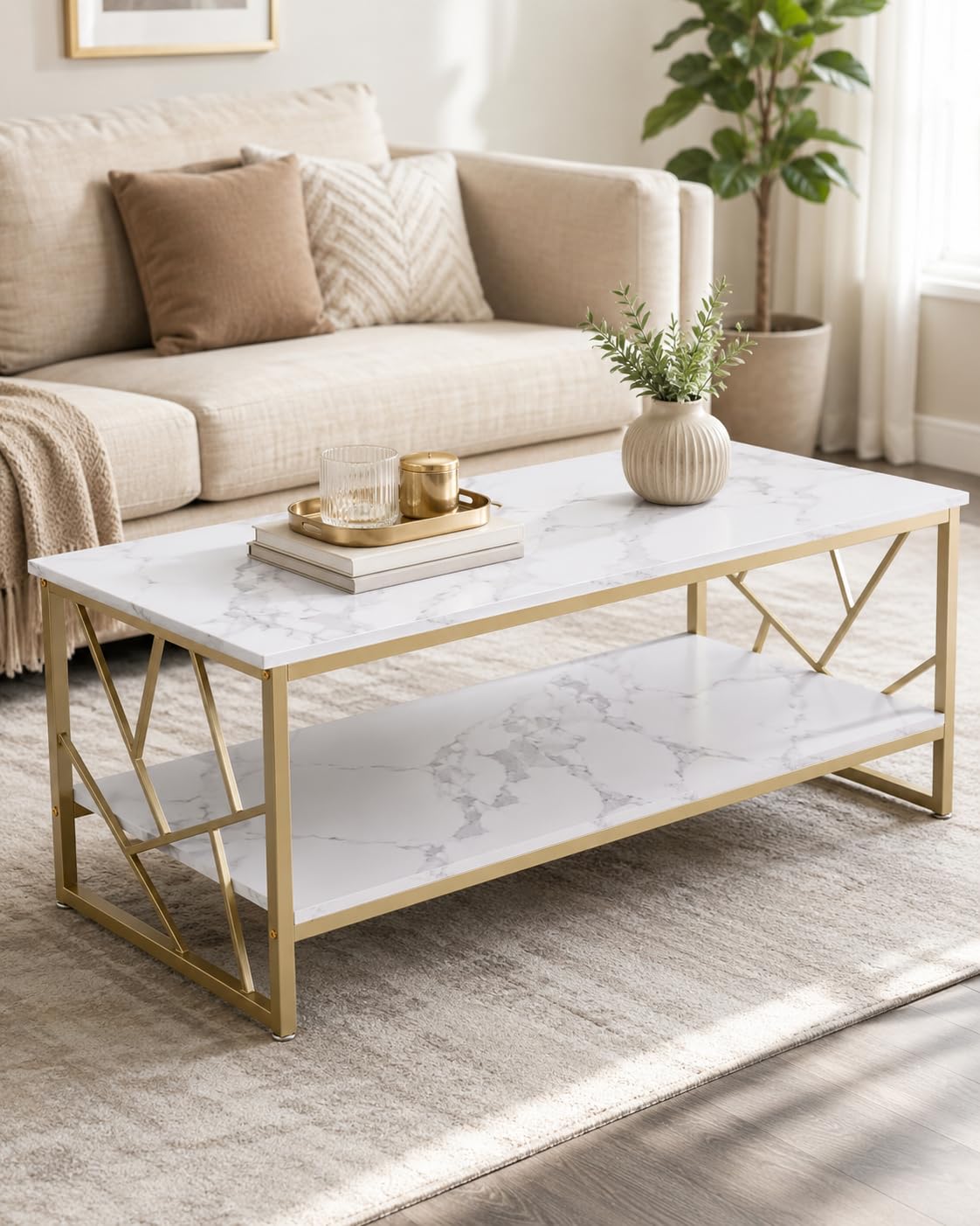 Couchtisch 110x50 cm - Weißer Wohnzimmertisch mit Stauraum, MDF Marmoroptik Sofa Tische, Moderner Kaffetisch fürs Wohnzimmer