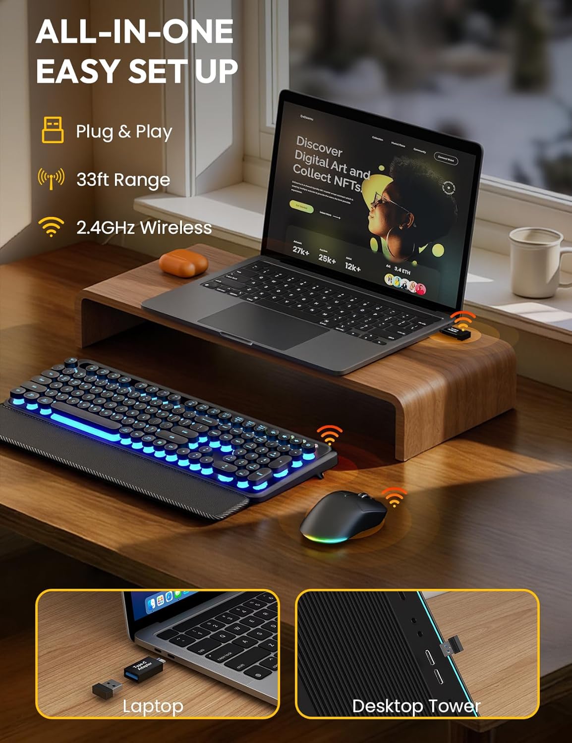 Wireless Keyboard and Mouse Combo - Backlit Typewriter Keyboard with Magnetic Wrist Rest & Phone Holder, Light Up Round Keycaps, 2.4GHz Cordless Set for Mac, Windows, PC, Laptop, SABLUTE