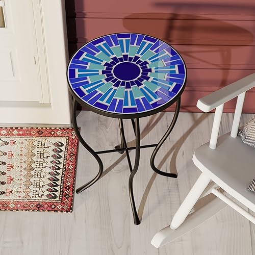Miniatura 4 de Mosaic - Mesa auxiliar para exteriores, mesa auxiliar de patio, resistente a la intemperie, 14 pulgadas de diámetro, 21 pulgadas de alto, mesa