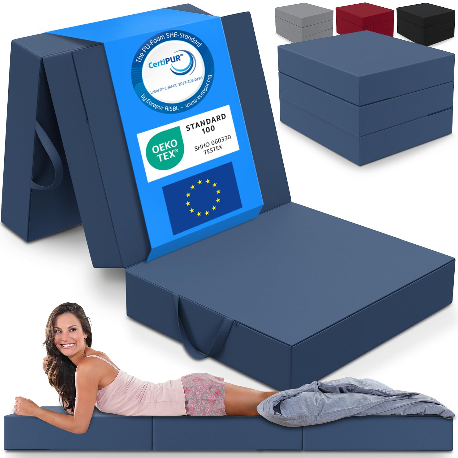 ELONEO materassino pieghevole per ospiti, materasso pieghevole a 3 parti, spugna extra spessa (15cm), lavabile, cubo a disco intervertebrale, adulti (blu, 90 x 200 x 15 cm)