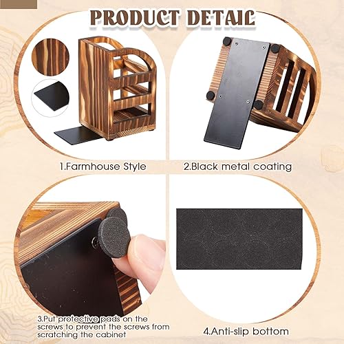 Miniatura 4 de 1 par de sujetalibros de madera quemada rústica 2 en 1 con suministro de escritorio de metal revestido para escritorio antideslizante, soportes para