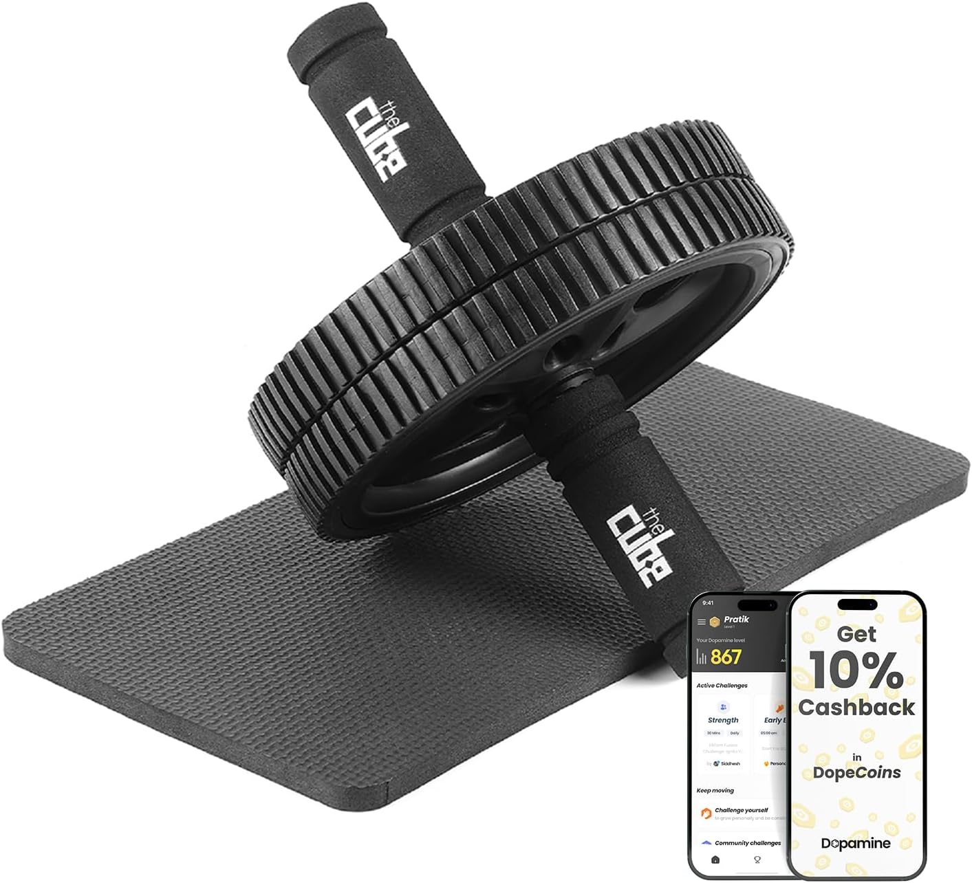 Dual Abdominal Exercise Ab Blaster Fitness Roller With 6 Mm Knee Mat For Abs Workouts|Indoor Ab Wheel Equipment For Core Strengthening With 6 Month Warranty (Weight- 600 Gram), Black
