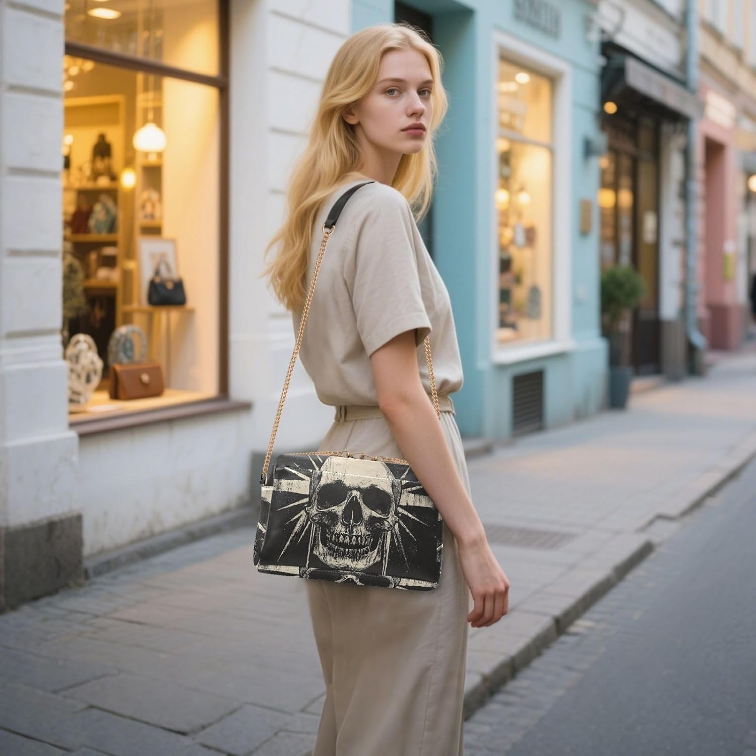 Women Crossbody Bag Shoulder Handbag Cellphone Purse PU Leather Metal Chain Strap Water Resistant Zipper Closure Retro Skull Design Print