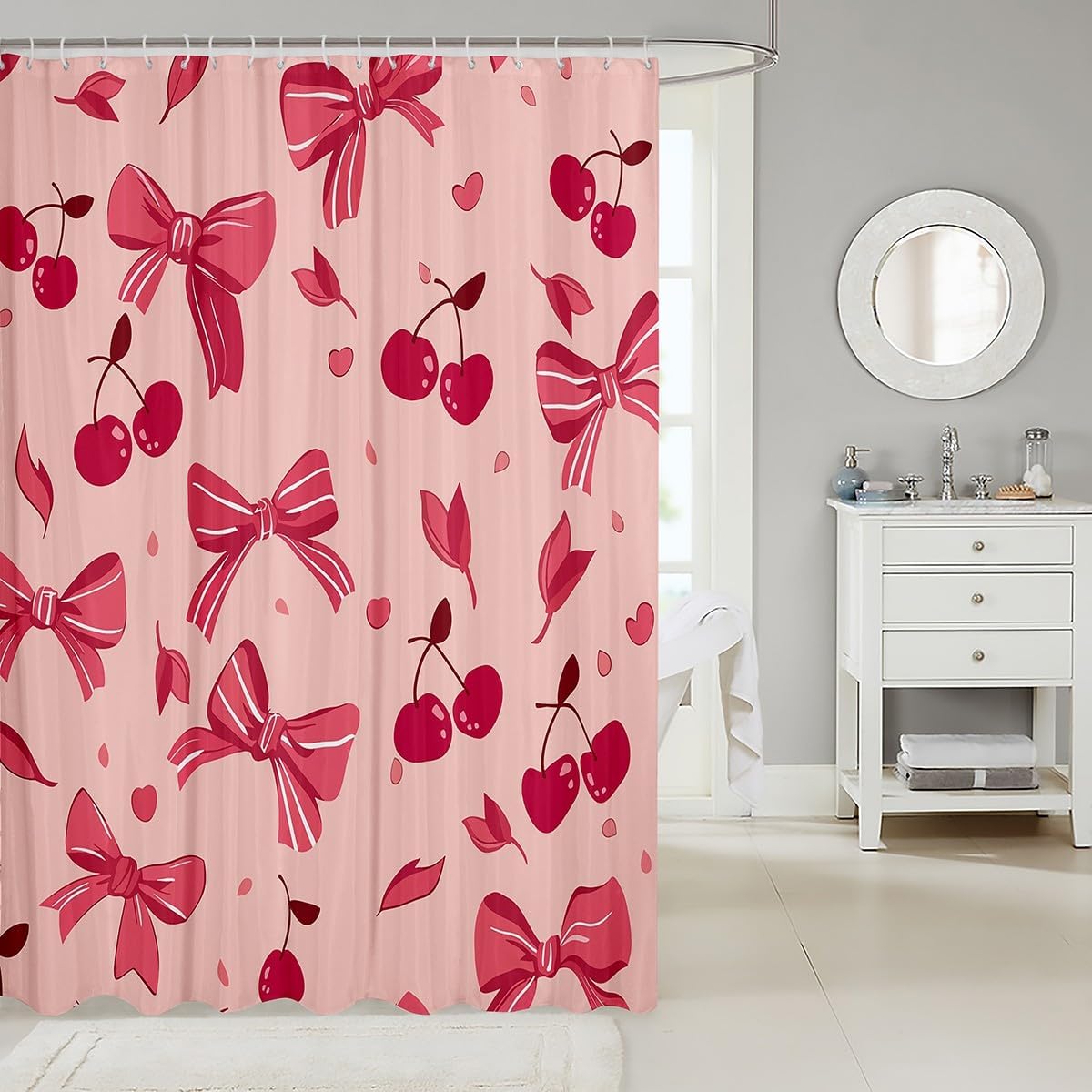 Feelyou Bow Shower Curtain for Kids 72"x84" Cheery Bathroom Shower Curtain Set Cute Bath Curtain Hot Rose Kids Bathroom Accessories