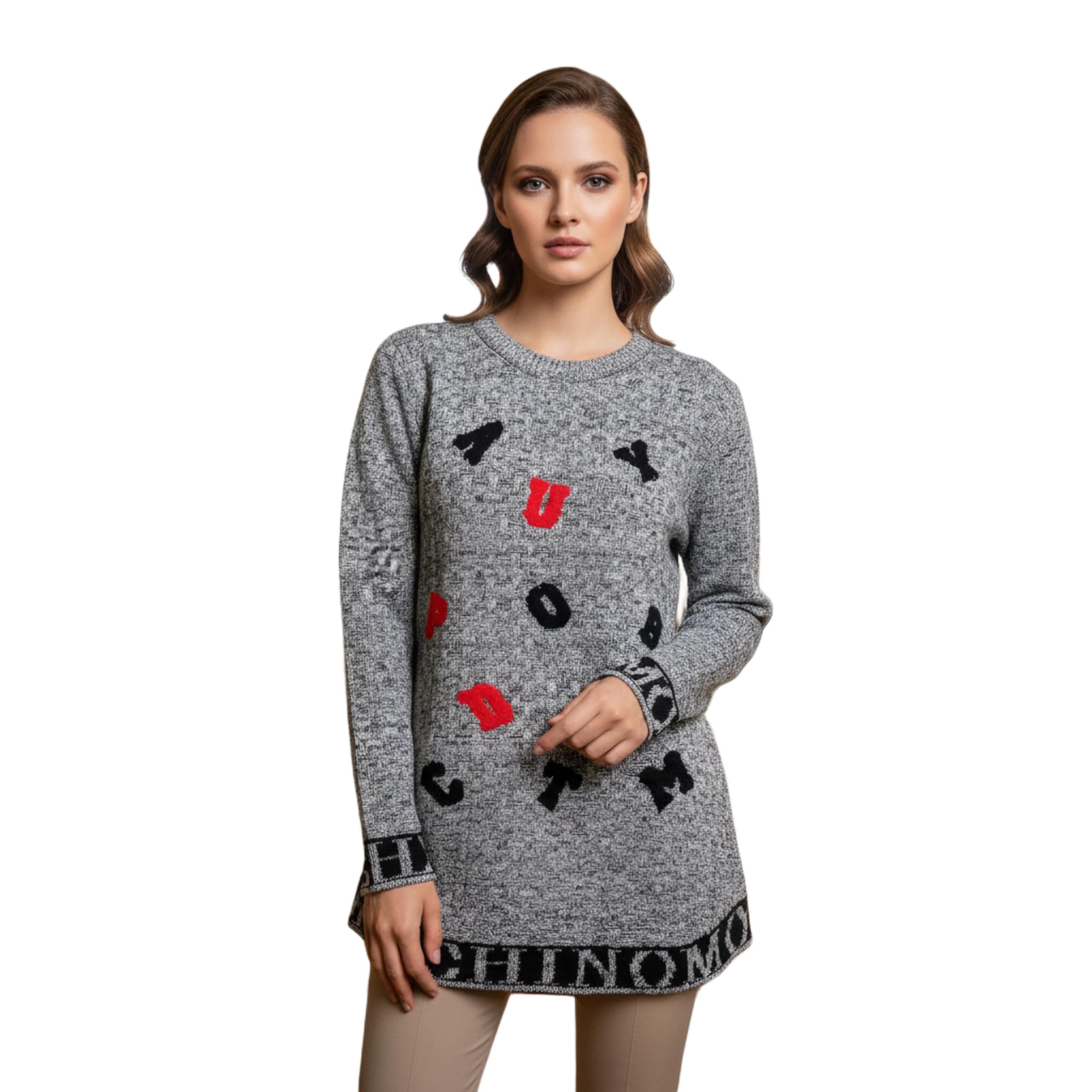 KD Fashion Collection Women's Grey Melange Longline Knit Tunic Sweater (Size XL) | Tree Graphic Print & Branded Hem Detail | Round Neck Full Sleeve Winter Wear Pullover (in, Alpha, XL, Heather Grey)-image-33