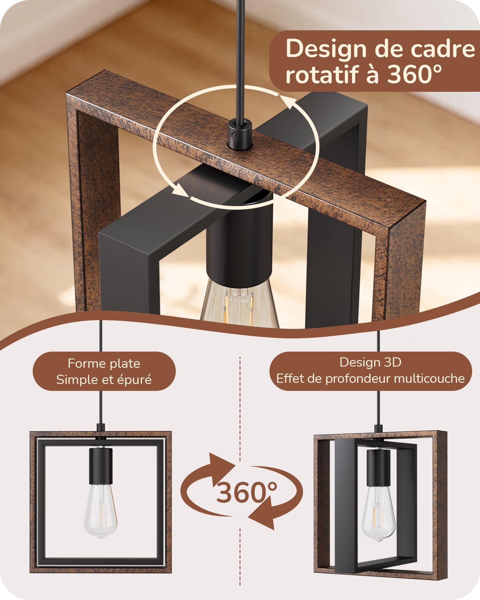 EDISHINE Suspension Luminaire, Design Cadre Carré, Style Maison de Campagne