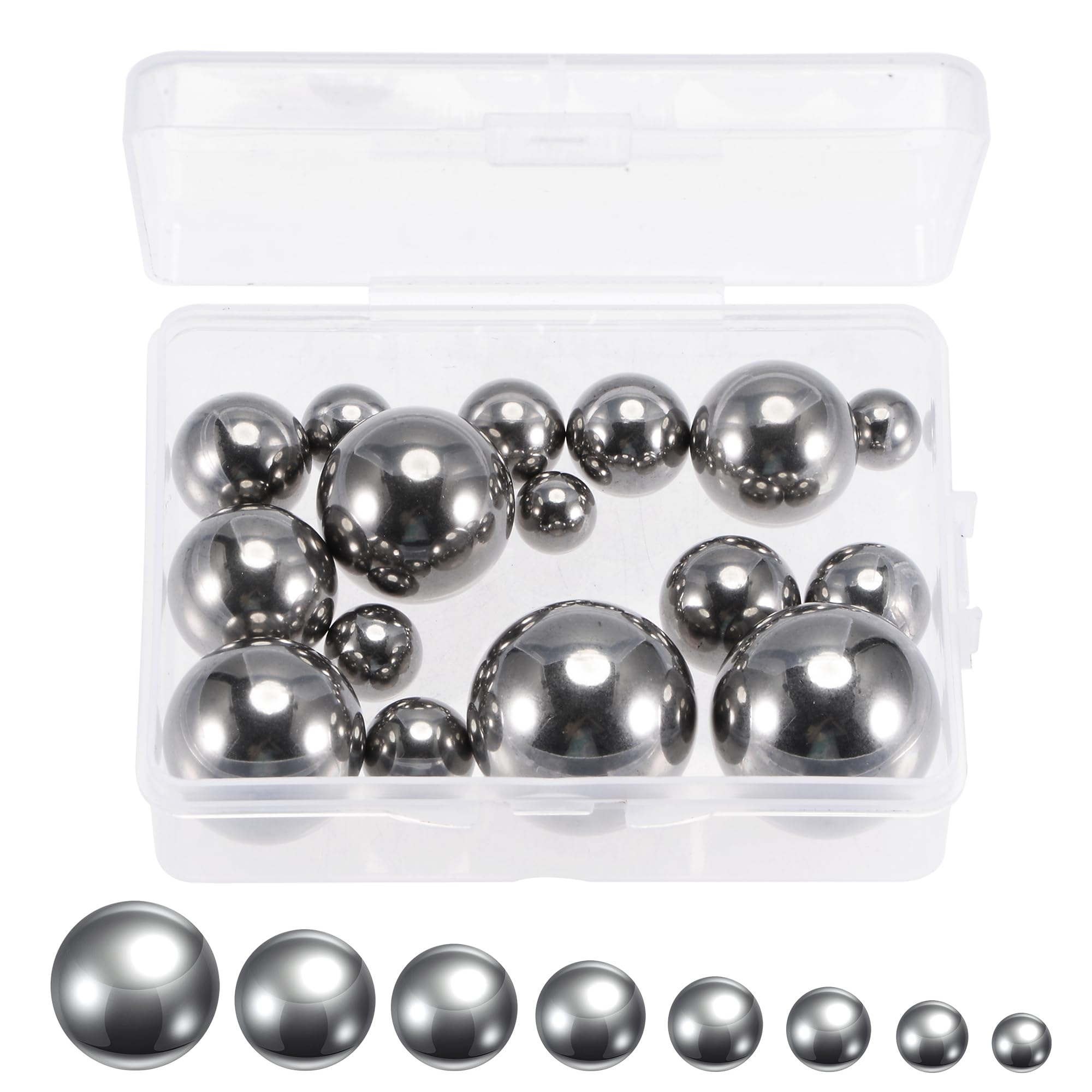 Assortiment de 16 billes de roulement de 8 tailles en acier inoxydable 304 3/8" 7/16" 1/2" 9/16" 5/8" 3/4" 7/8" 2,5 cm avec boîte de rangement