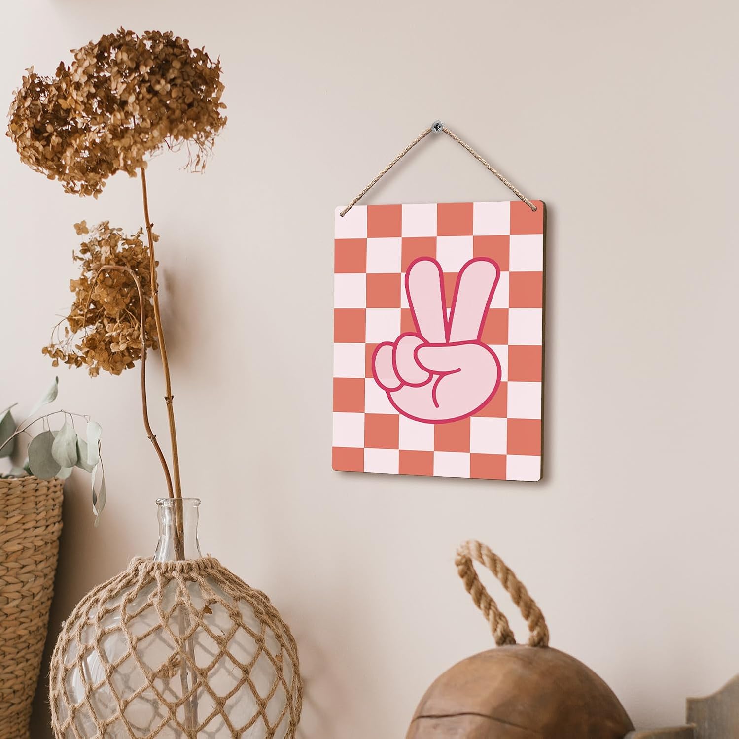 FUGWN Pink Checkered Peace Sign Hanging Wooden Signs 8x10, Pink and Orange Preppy Checkerboard Decor for Home Girls Room Dorm Nursery, Trendy Preppy Checkered Home Decor Gifts for Teen Girls Women