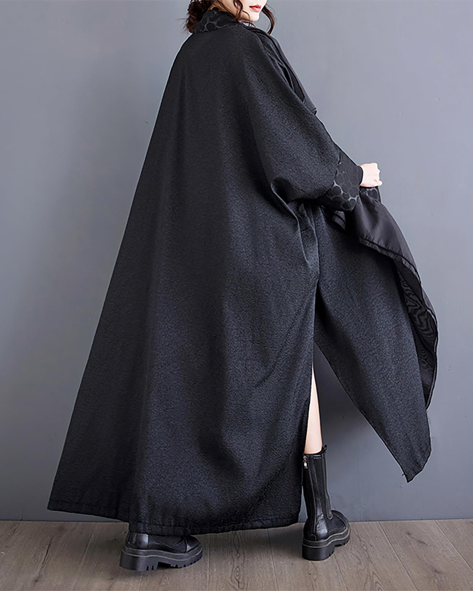 ellazhu Damenmantel Einfarbig Schwarz Langarm Split Flowy Saum Oversize Länge bis zum Knöchel Lockerer Herbst GZ271 A