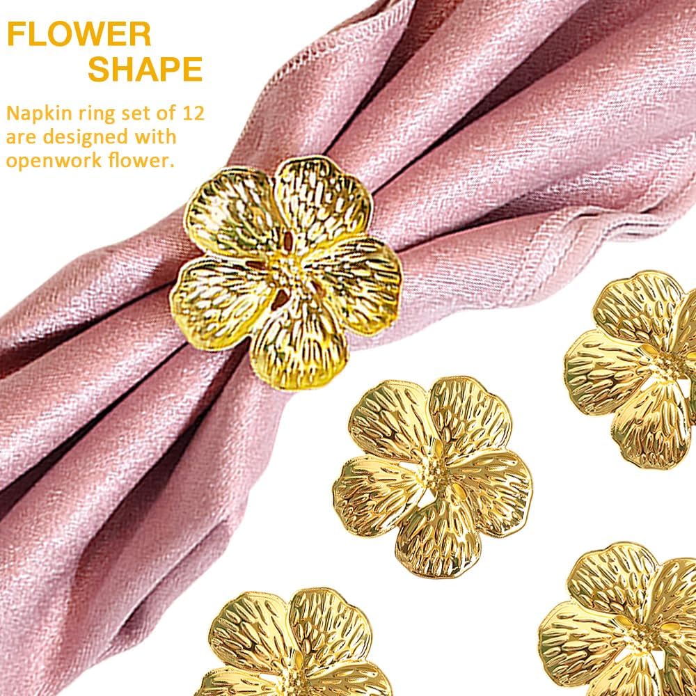 Gold Napkin Ring Sets of 12, Metal Flower Napkin Rings