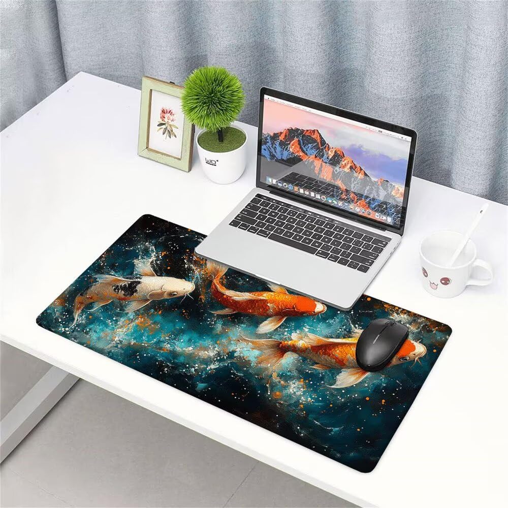 Czarna podkładka pod mysz XXL pod biurko do gier akcesoria do klawiatury podkładka pod mysz rozszerzona ryba szeroka mata do gier 1400 x 600 x 3 mm ochrona na biurko gumowa podstawa, przeszyte