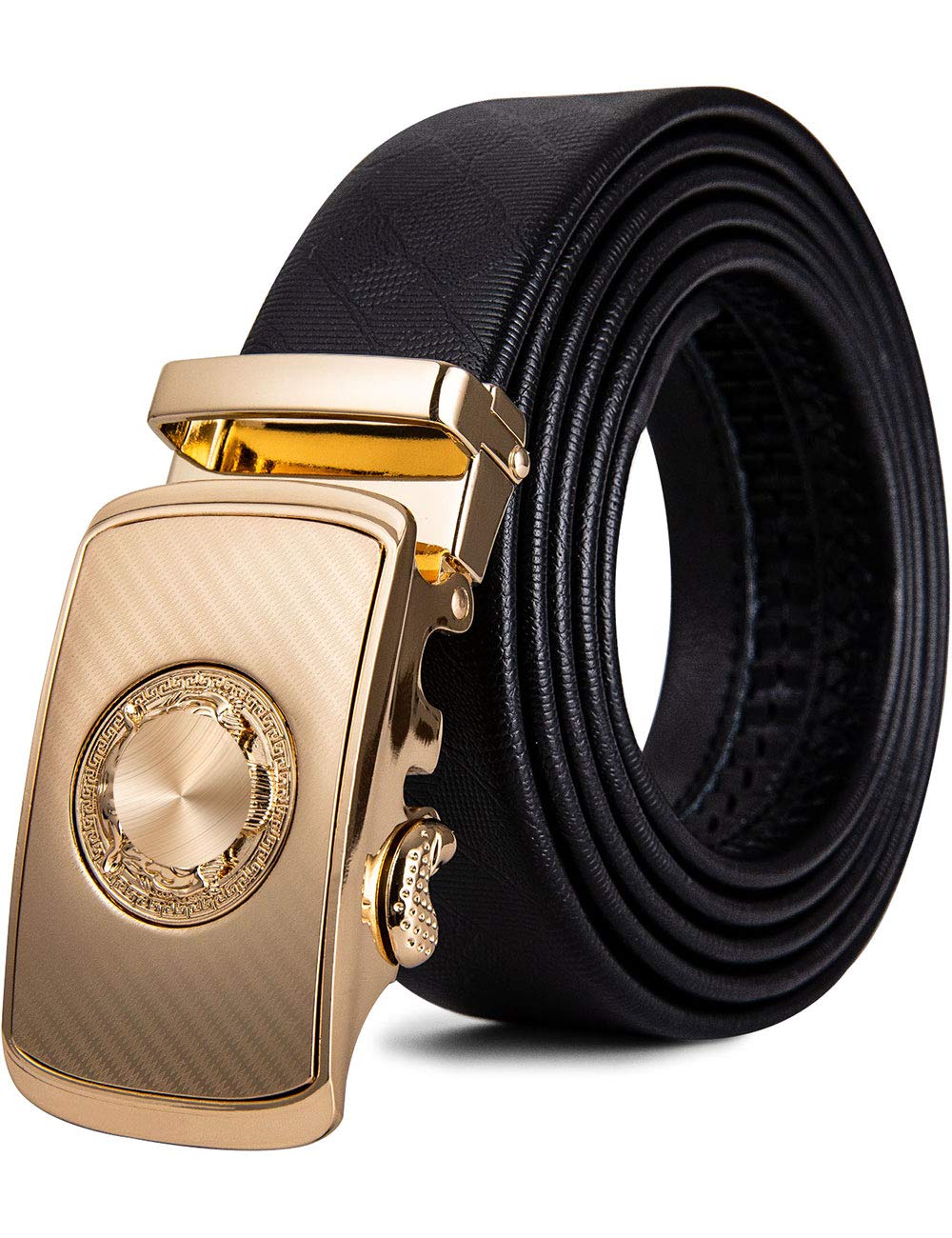 YOHOWA Mens Gold Buckle Belt, Cowhide Belt Automatic Ratchet Buckle Black Holeless for Jeans/Suit Gift Box