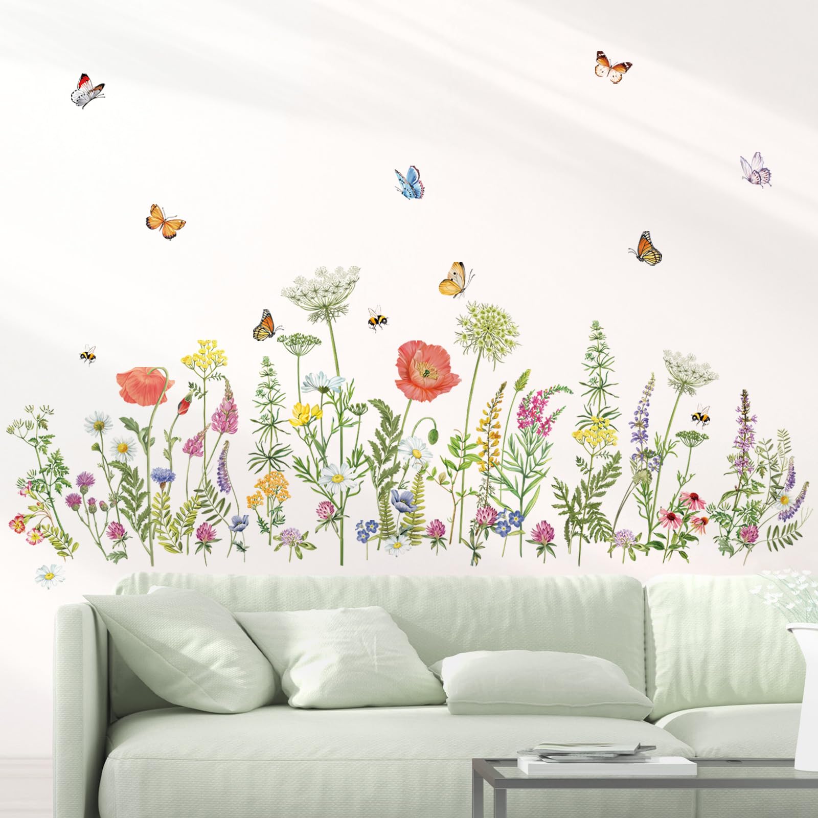decalmile Garden Flower Wall Stickers Floral Grass Butterflies Wall Decoration Bedroom Kids Living Room Dining Room