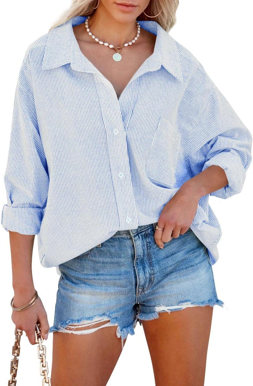 Flowyair Women's Oversized Button Down Shirts Business Casual Long Sleeve Blouse Work Striped Tops - Image 2