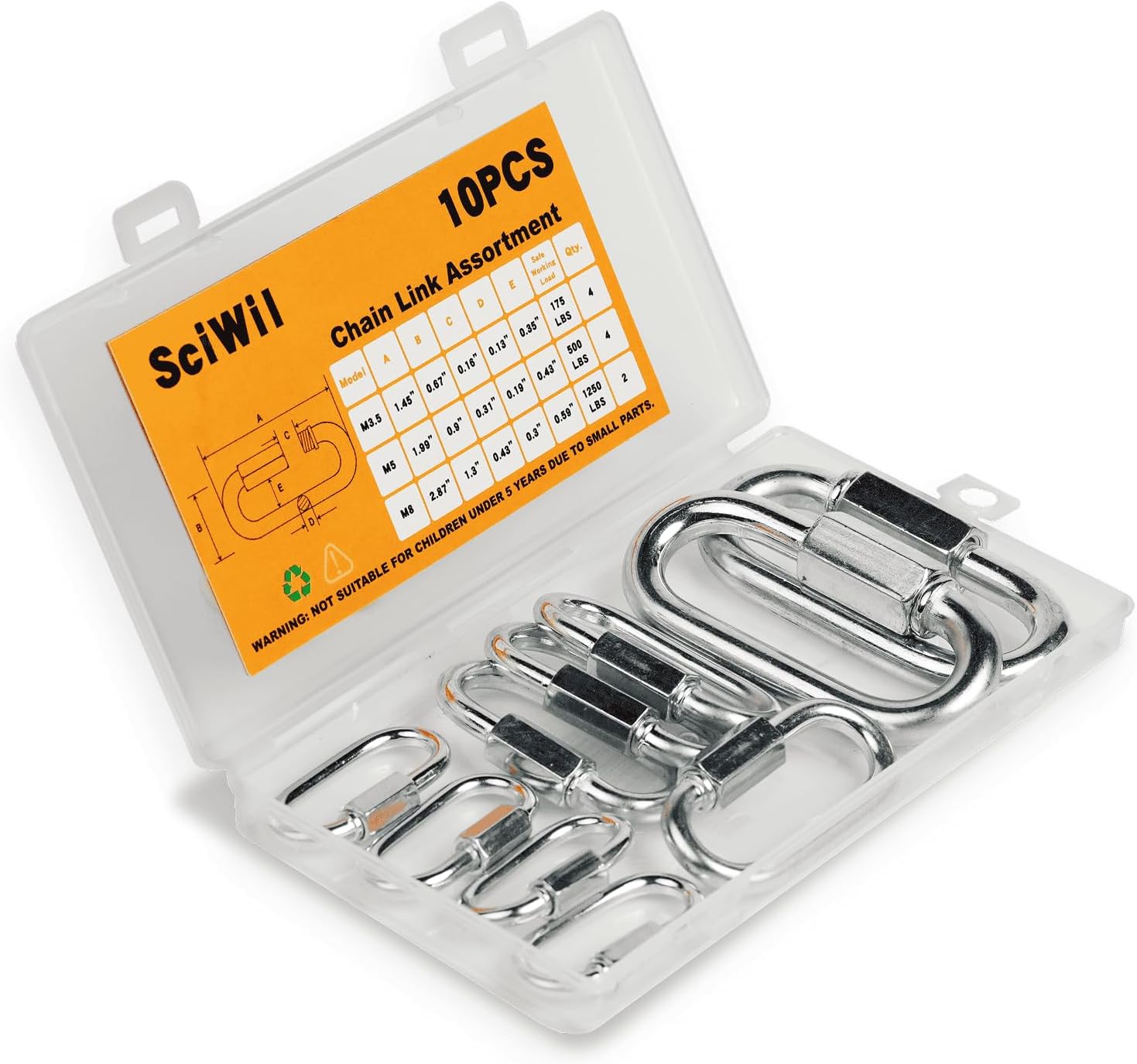 10 PCS Heavy Duty Chain Quick Links, 3 Sizes Locking Carabiner Set - Galvanized Steel Screw Lock Connector for Hammock, Trailer, Camping - Rustproof & Easy to Install