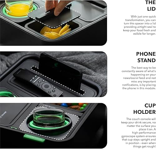 Miniatura 6 de CouchConsole Bandeja original  Almacenamiento y organizador para sofá de bebidas y aperitivos con reposabrazos, mesa con soporte para teléfono,