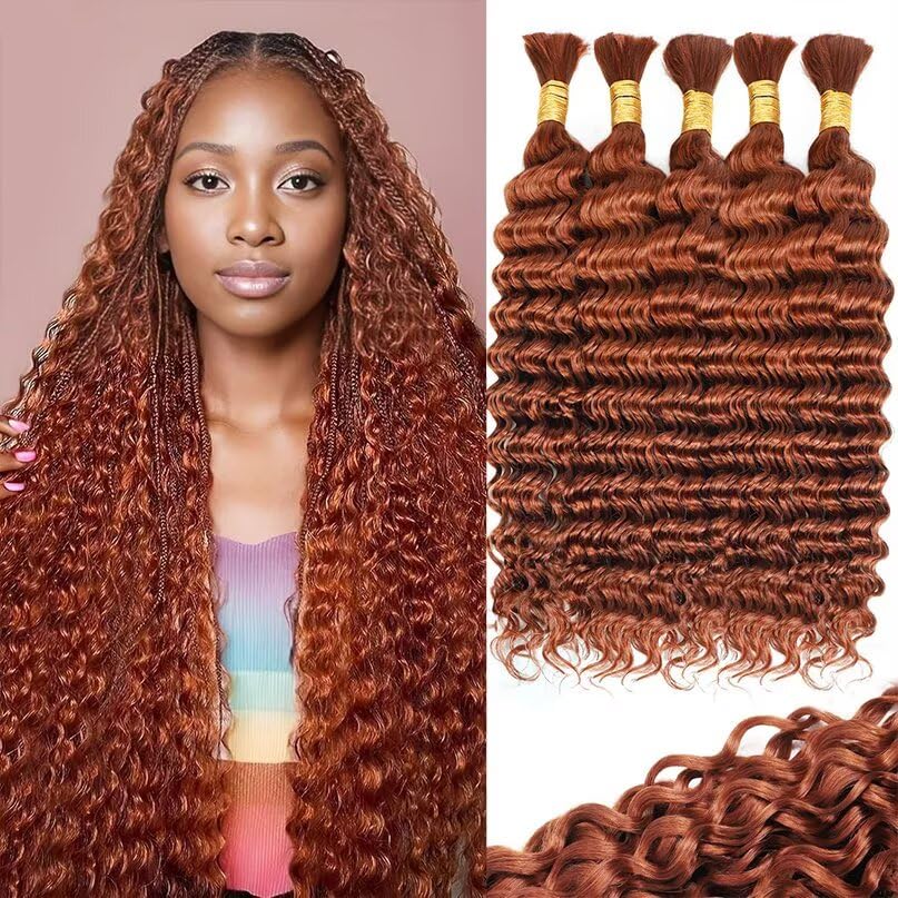 12A #350 Copper Ginger Human Braiding Hair for Boho Braids 5 Bundles 22 Inch 160g Deep Wave Braiding Hair for Bohemian Knotless Braids 100% Unprocessed Virgin Bulk Hair Extensions No Weft