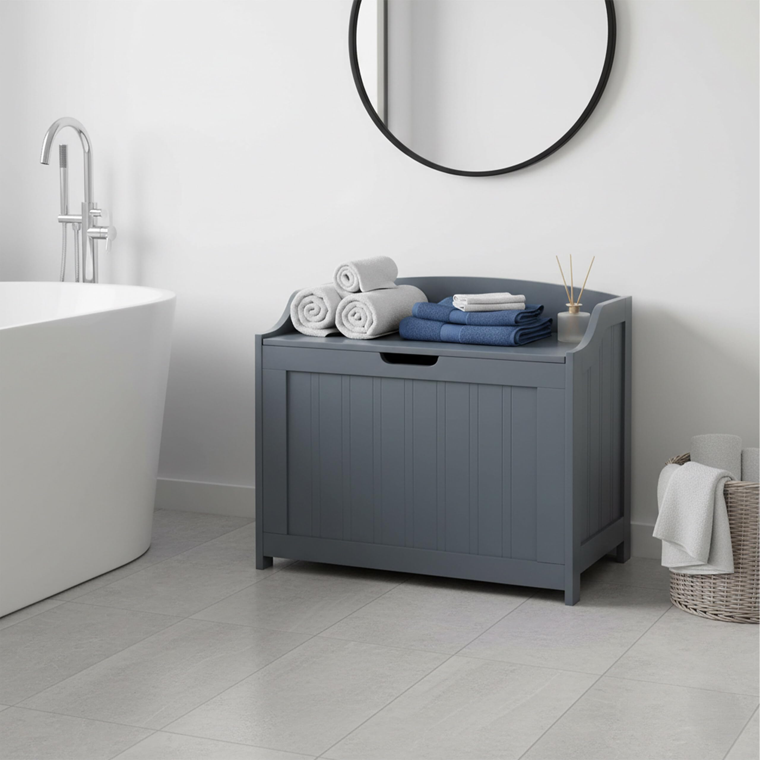 Cofre de Almacenamiento Relaxdays, 80 L, para Ropa Sucia, Ropa de Cama y Juguetes, baño, Cofre con Tapa, MDF, Gris